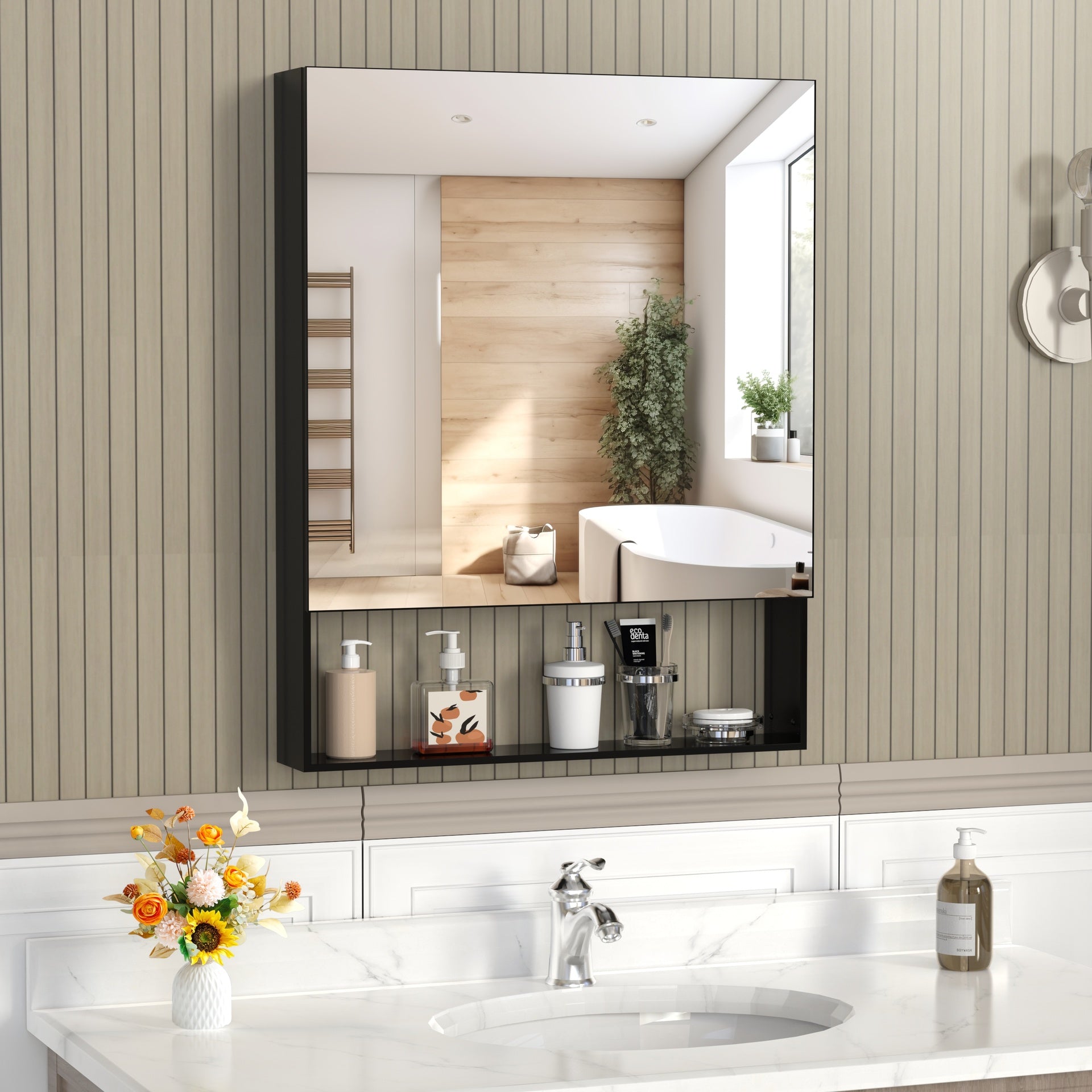 24'' x 30'' Medicine Cabinet with Mirror for Bathroom, Wall Mounted Bathroom Mirror with Storage, Adjustable Shelves, Aluminum Framework, Surface Mount  Black