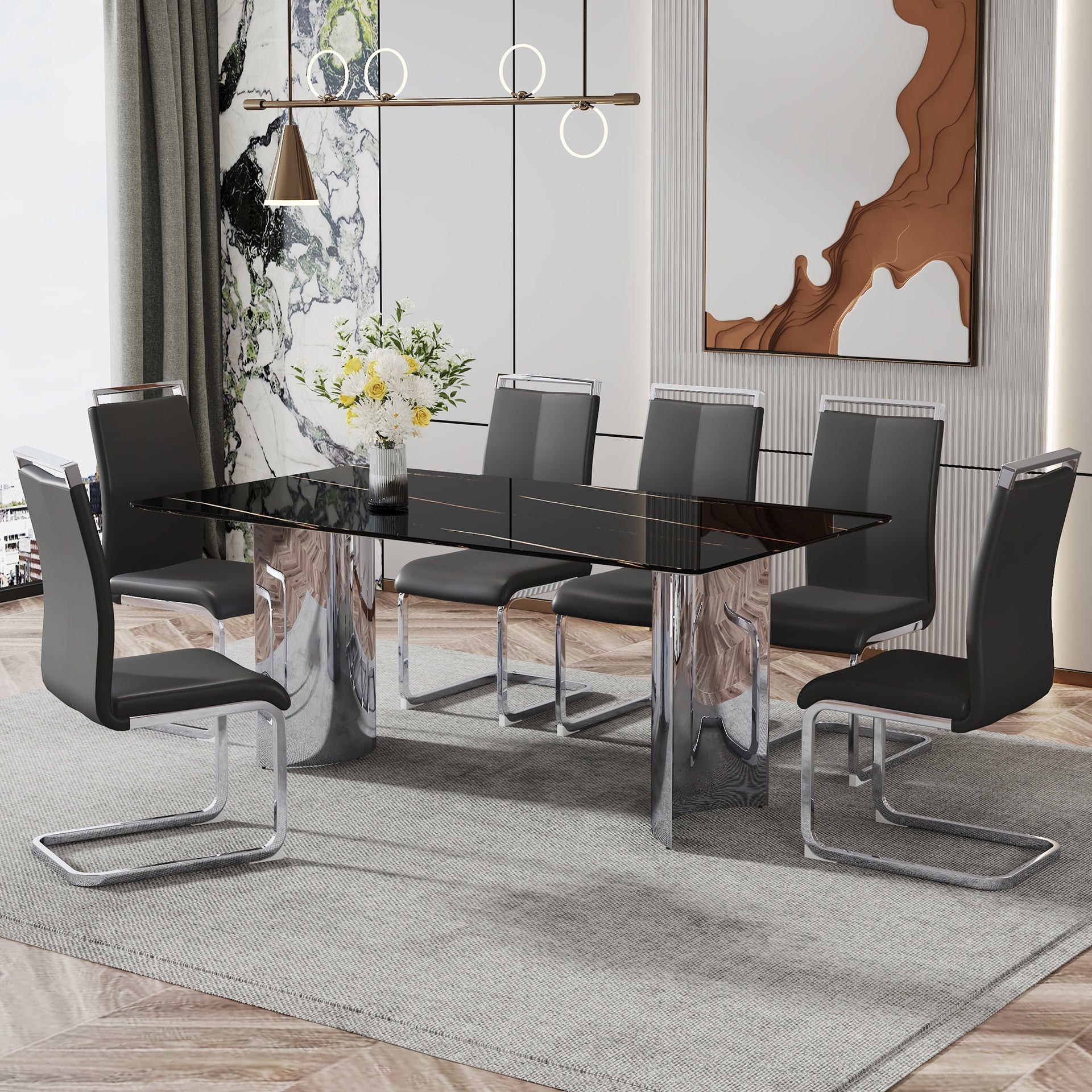 Table and chair set.The table has a glass top with imitation marble pattern stickers and stainless steel silver legs.Paired with 6 Black PU Chairs with Silver C-tube Metal Leg.