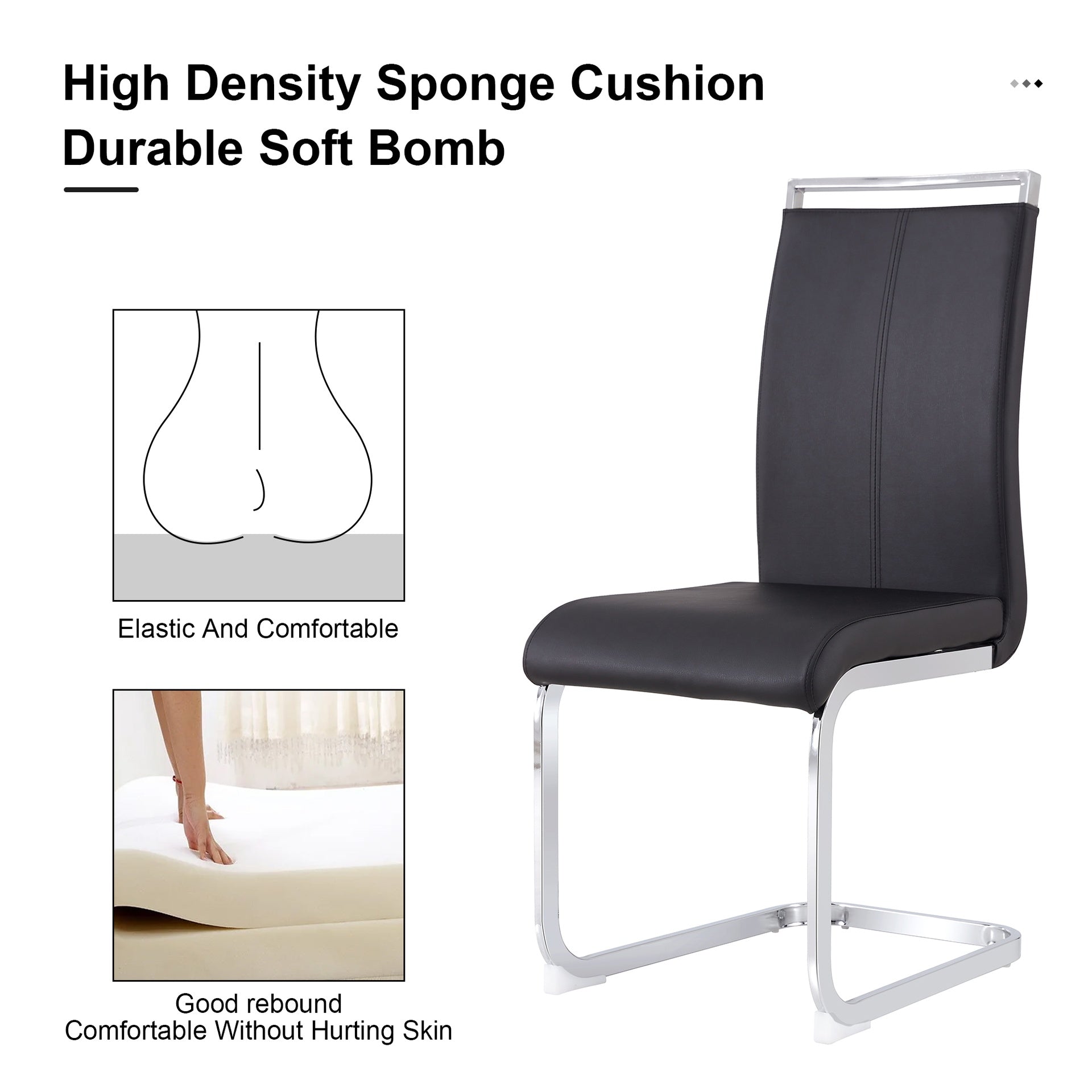 Table and chair set.The table has a glass top with imitation marble pattern stickers and stainless steel silver legs.Paired with 6 Black PU Chairs with Silver C-tube Metal Leg.