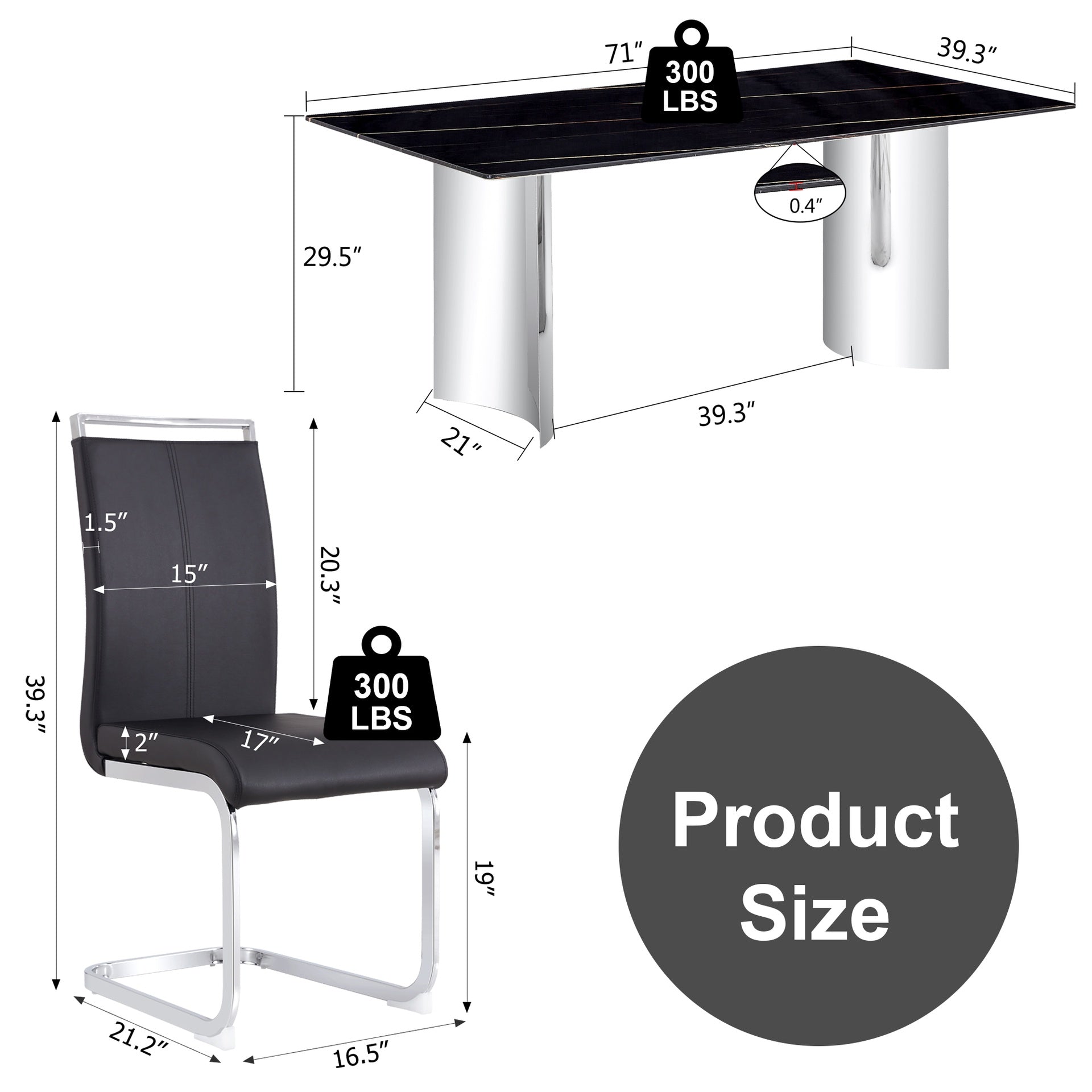 Table and chair set.The table has a glass top with imitation marble pattern stickers and stainless steel silver legs.Paired with 6 Black PU Chairs with Silver C-tube Metal Leg.