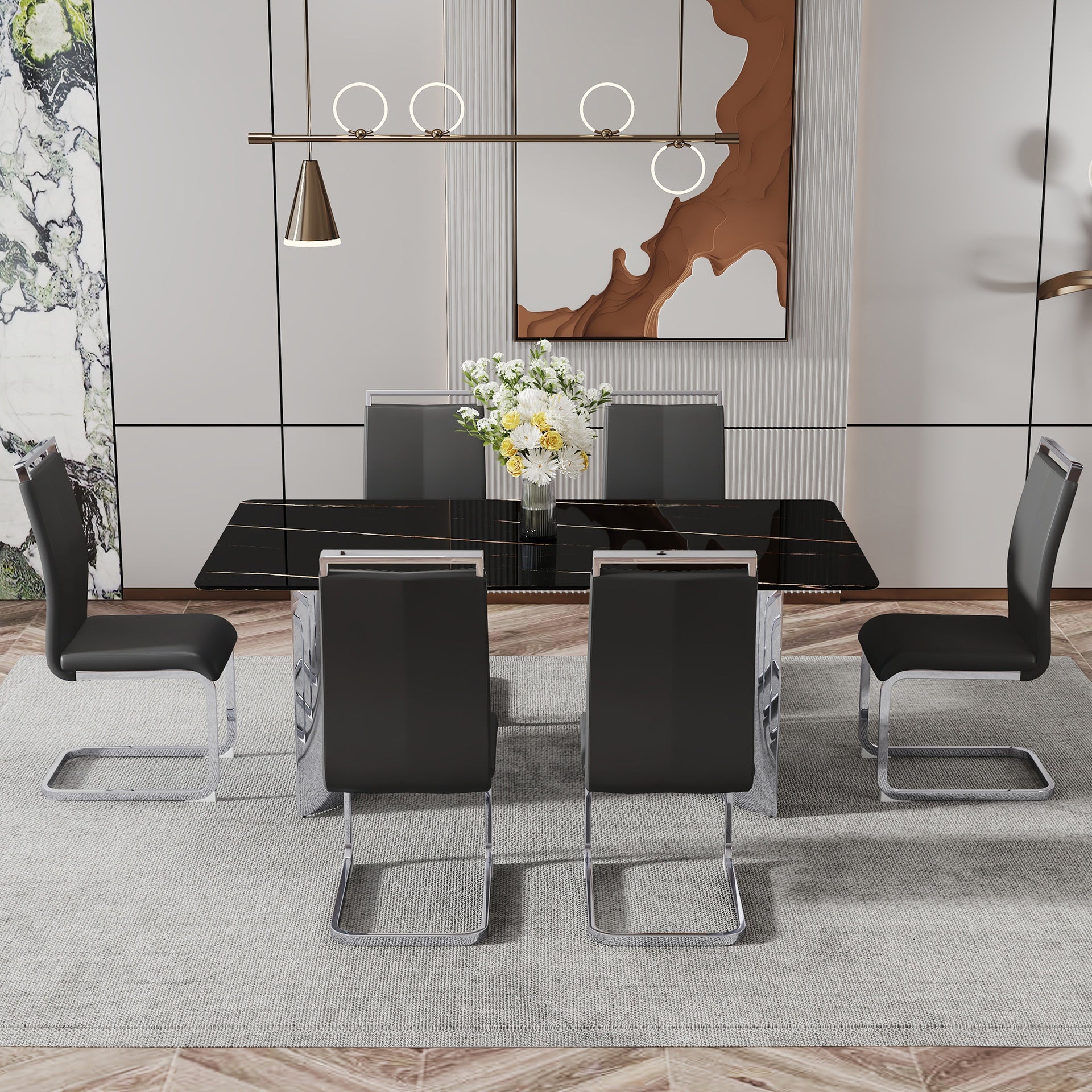 Table and chair set.The table has a glass top with imitation marble pattern stickers and stainless steel silver legs.Paired with 6 Black PU Chairs with Silver C-tube Metal Leg.