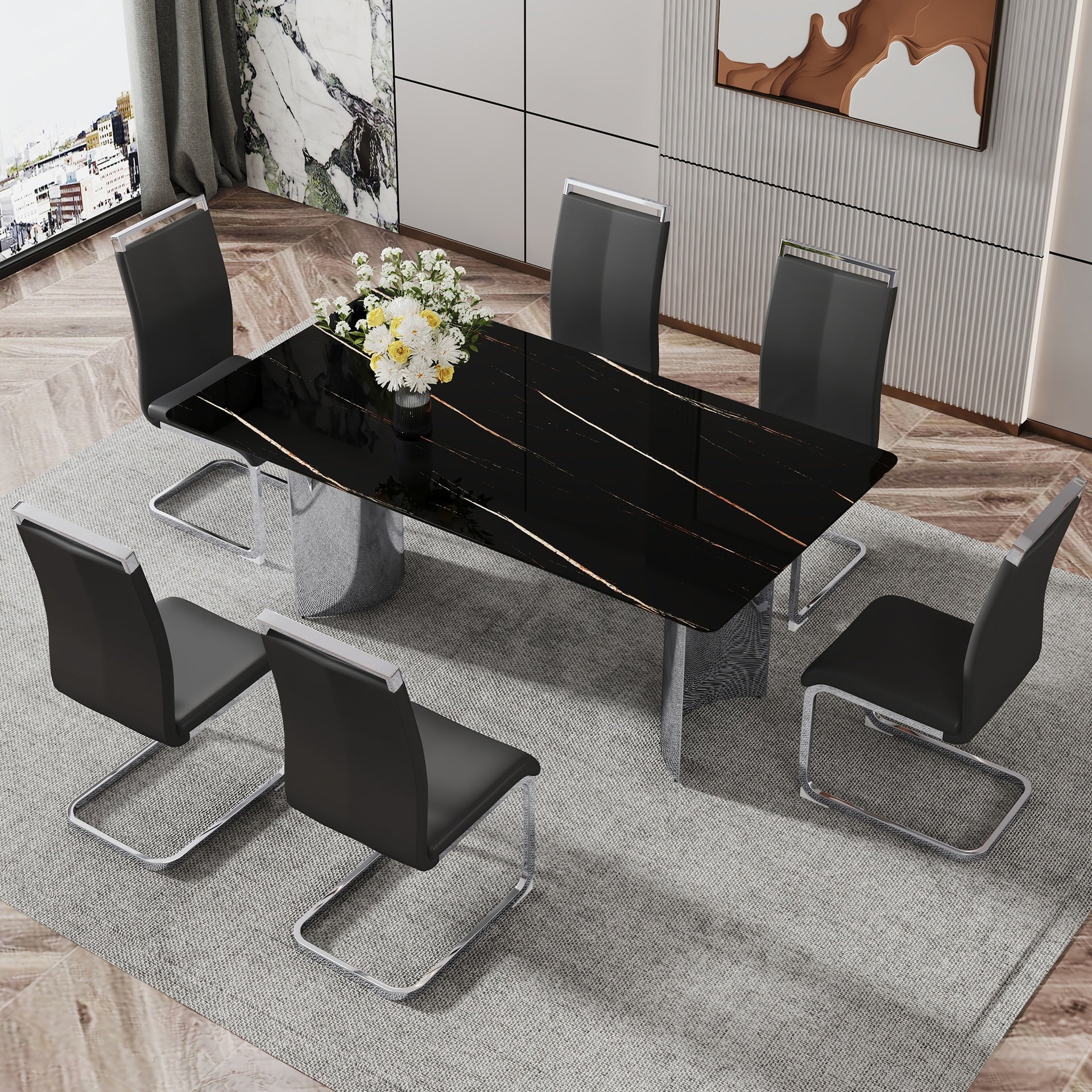 Table and chair set.The table has a glass top with imitation marble pattern stickers and stainless steel silver legs.Paired with 6 Black PU Chairs with Silver C-tube Metal Leg.