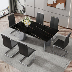 Table and chair set.The table has a glass top with imitation marble pattern stickers and stainless steel silver legs.Paired with 6 Black PU Chairs with Silver C-tube Metal Leg.
