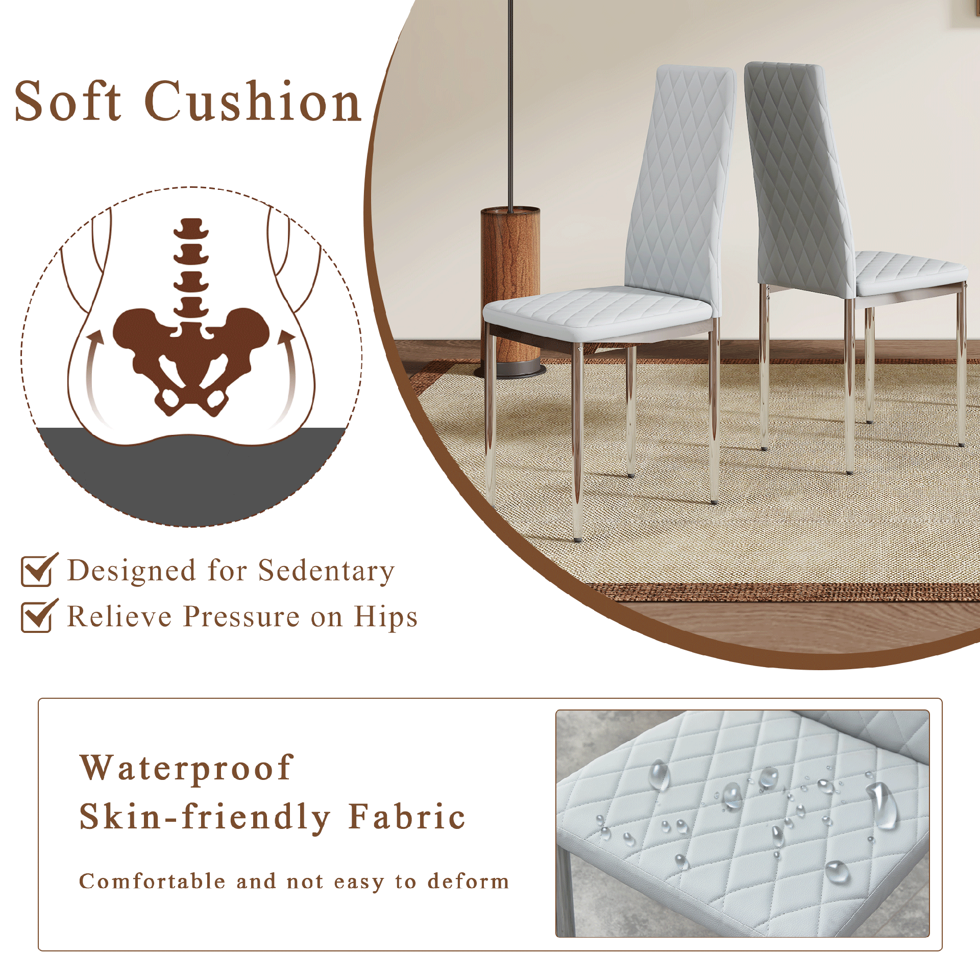 Modern Style Dining Chairs Set of 4 in Light Gray, Essential for Minimalist Homes.Meeting Family Dining Needs,PU Material Seat,Silver Metal Legs,Blending into Various Home Environments.W1151107274