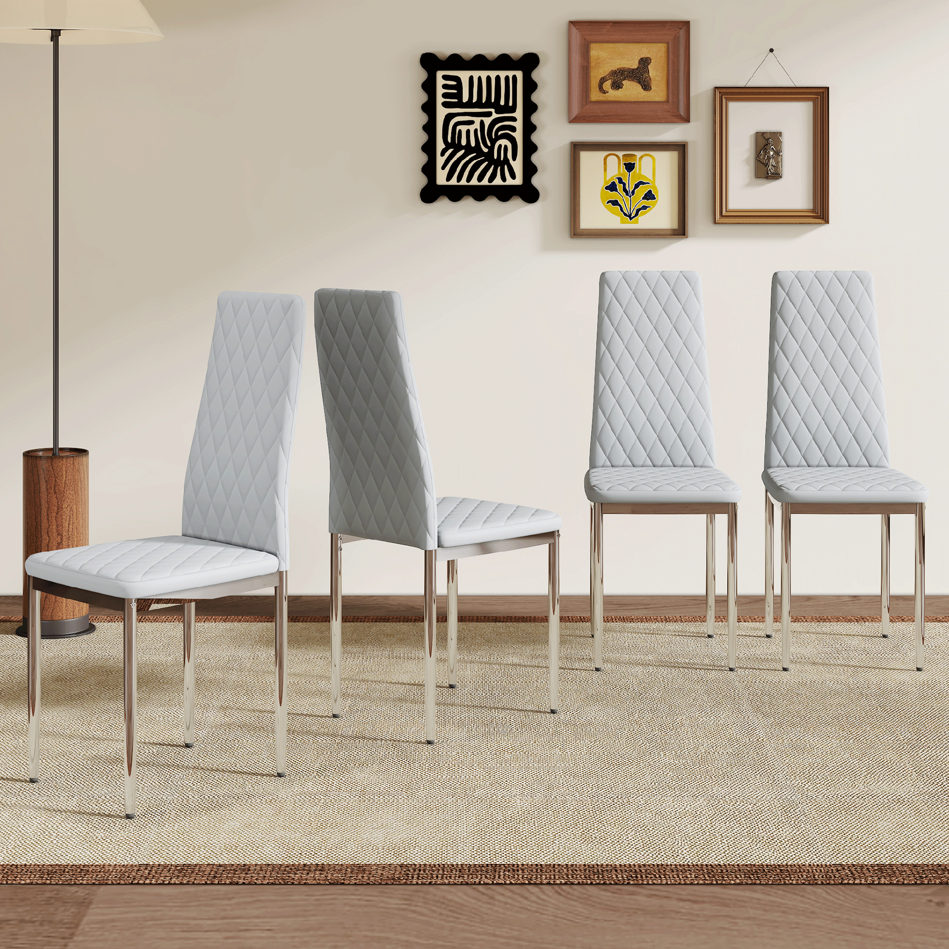 Modern Style Dining Chairs Set of 4 in Light Gray, Essential for Minimalist Homes.Meeting Family Dining Needs,PU Material Seat,Silver Metal Legs,Blending into Various Home Environments.W1151107274