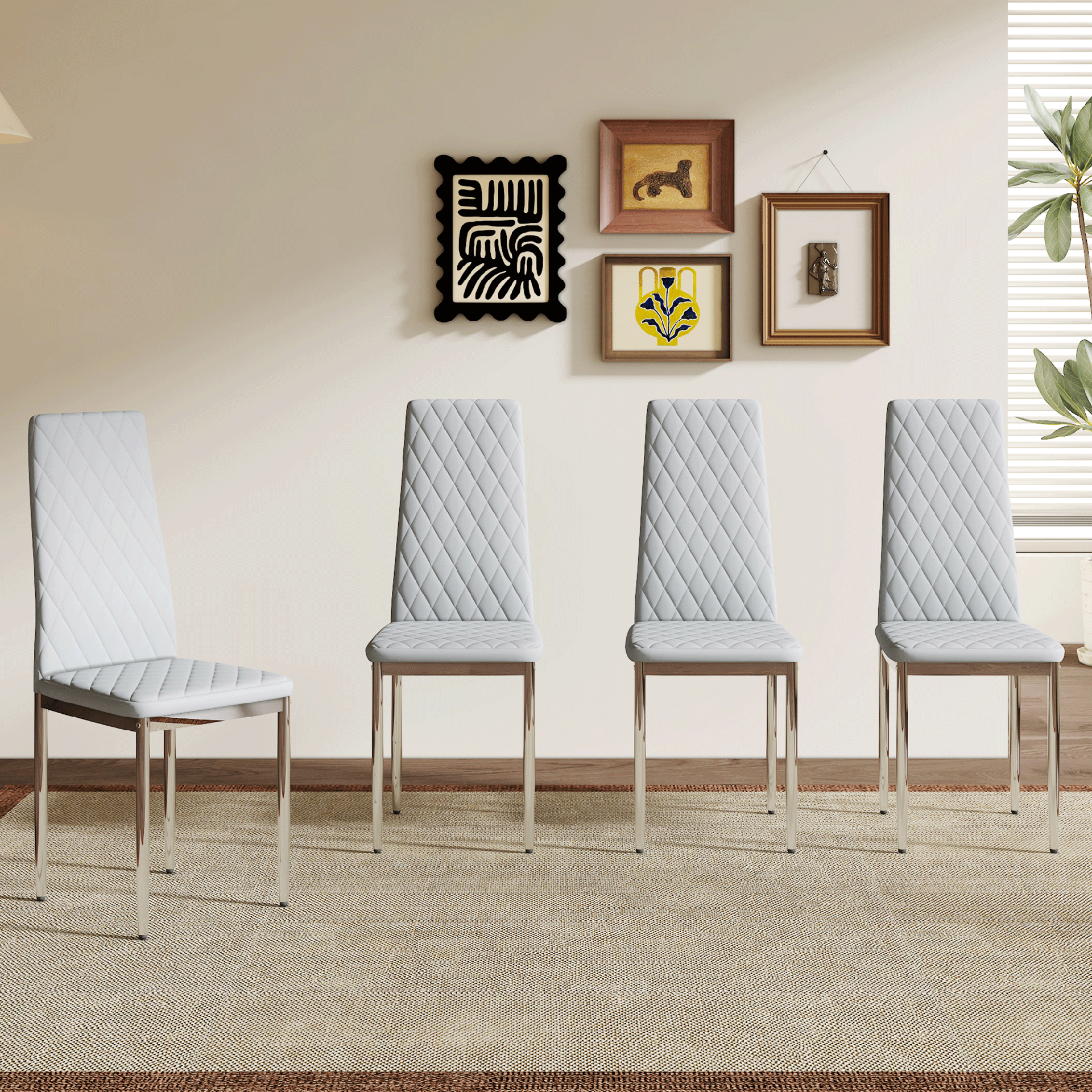 Modern Style Dining Chairs Set of 4 in Light Gray, Essential for Minimalist Homes.Meeting Family Dining Needs,PU Material Seat,Silver Metal Legs,Blending into Various Home Environments.W1151107274