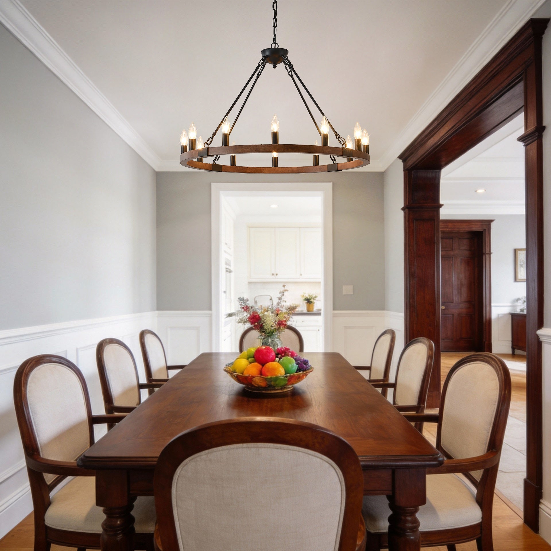 31.5 INCH Wood Wagon Wheel Chandelier Modern Farmhouse  Pendant Light 12-Light Ceiling Hanging Lighting Fixtures for Living Room Dining Room Kitchen Island Foyer--NO INCLUDED BULBS--WOOD + Matte Black