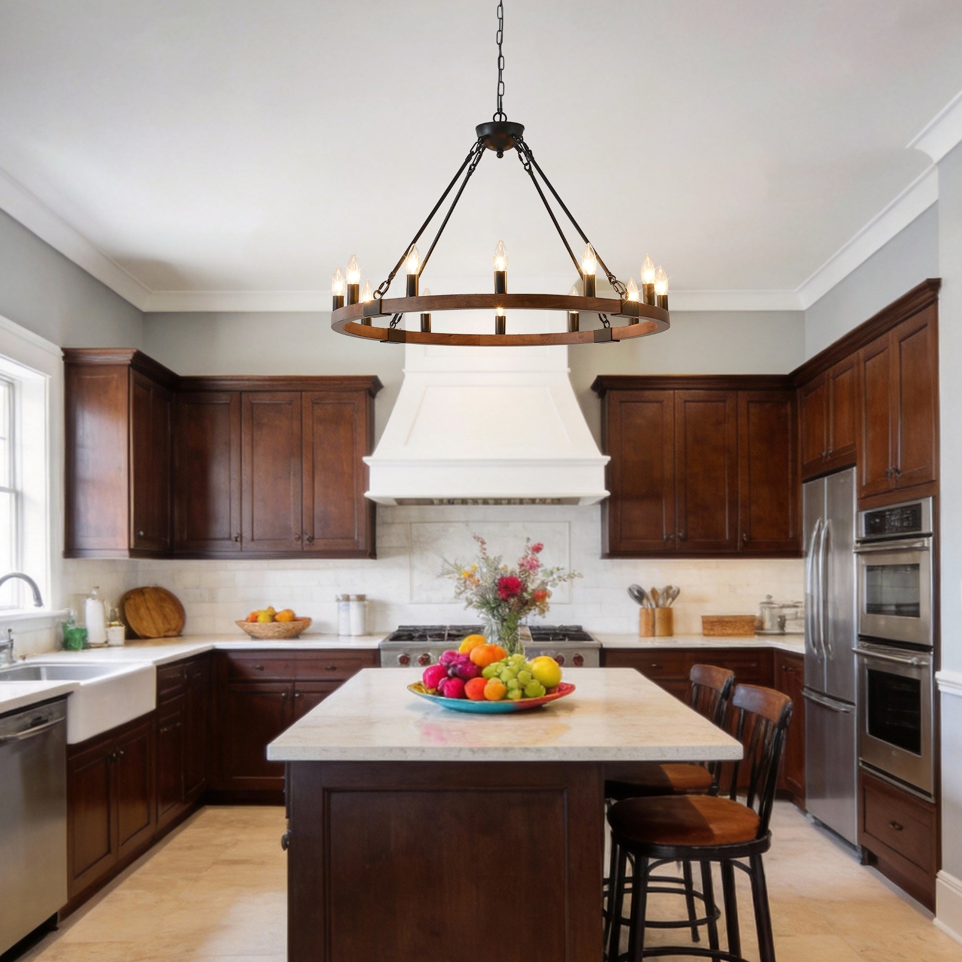 31.5 INCH Wood Wagon Wheel Chandelier Modern Farmhouse  Pendant Light 12-Light Ceiling Hanging Lighting Fixtures for Living Room Dining Room Kitchen Island Foyer--NO INCLUDED BULBS--WOOD + Matte Black