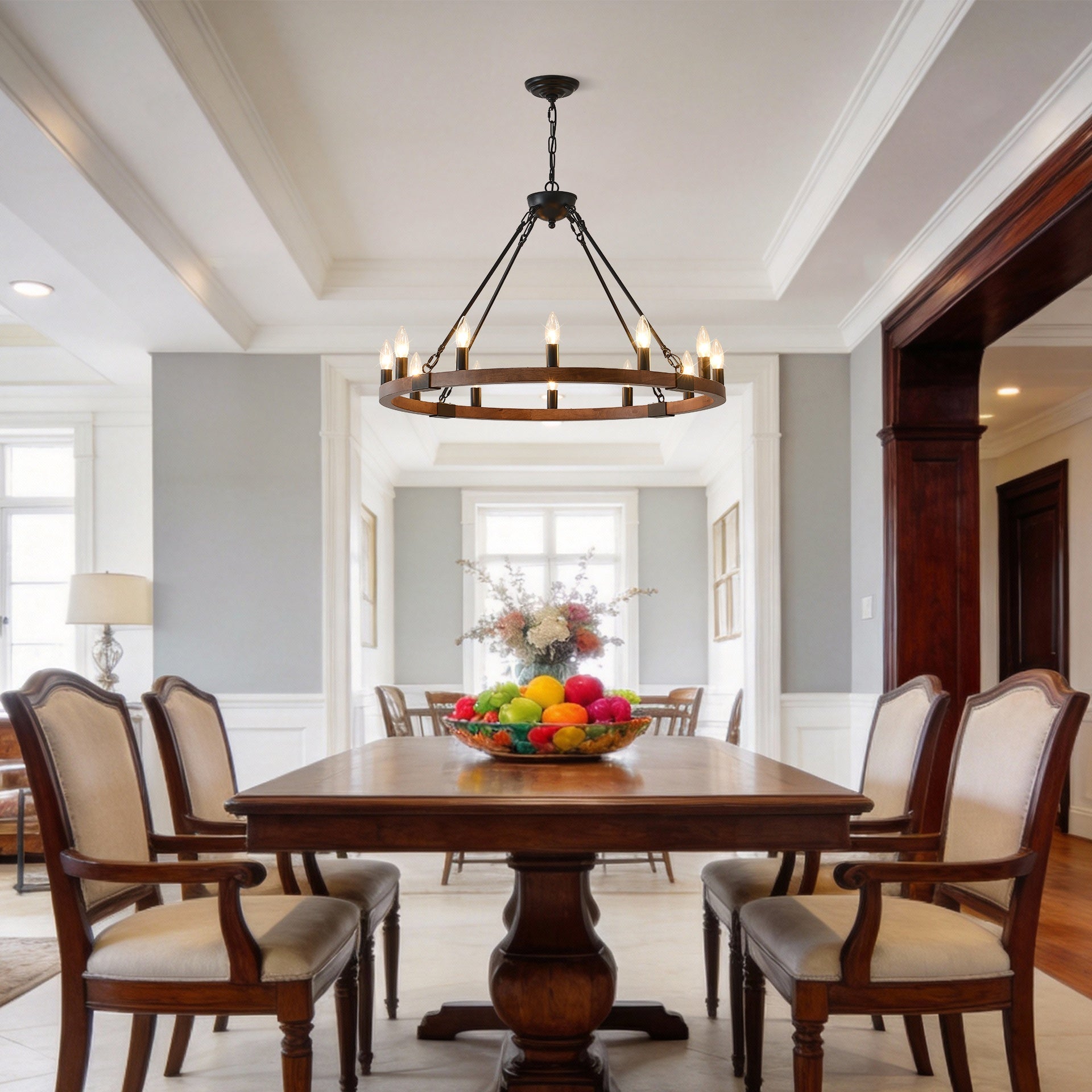 31.5 INCH Wood Wagon Wheel Chandelier Modern Farmhouse  Pendant Light 12-Light Ceiling Hanging Lighting Fixtures for Living Room Dining Room Kitchen Island Foyer--NO INCLUDED BULBS--WOOD + Matte Black
