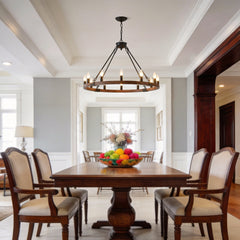 31.5 INCH Wood Wagon Wheel Chandelier Modern Farmhouse  Pendant Light 12-Light Ceiling Hanging Lighting Fixtures for Living Room Dining Room Kitchen Island Foyer--NO INCLUDED BULBS--WOOD + Matte Black