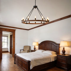31.5 INCH Wood Wagon Wheel Chandelier Modern Farmhouse  Pendant Light 12-Light Ceiling Hanging Lighting Fixtures for Living Room Dining Room Kitchen Island Foyer--NO INCLUDED BULBS--WOOD + Matte Black