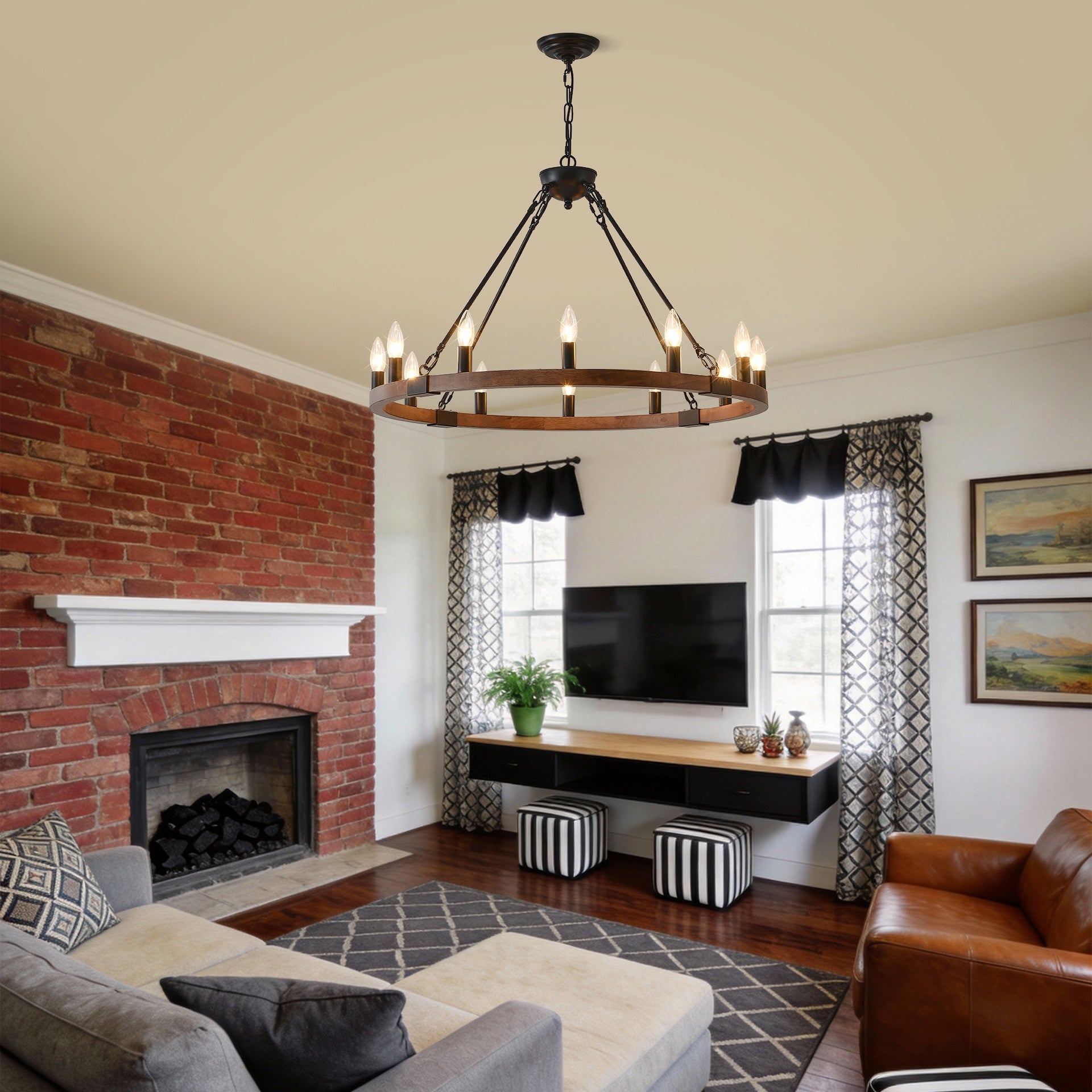 31.5 INCH Wood Wagon Wheel Chandelier Modern Farmhouse  Pendant Light 12-Light Ceiling Hanging Lighting Fixtures for Living Room Dining Room Kitchen Island Foyer--NO INCLUDED BULBS--WOOD + Matte Black