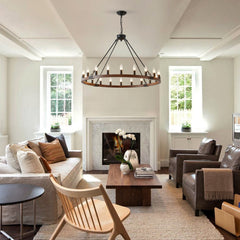 39.3 INCH Wood Wagon Wheel Chandelier Modern Farmhouse  Pendant Light 20-Light Ceiling Hanging Lighting Fixtures for Living Room Dining Room Kitchen Island Foyer--NO INCLUDED BULBS--WOOD + Matte Black