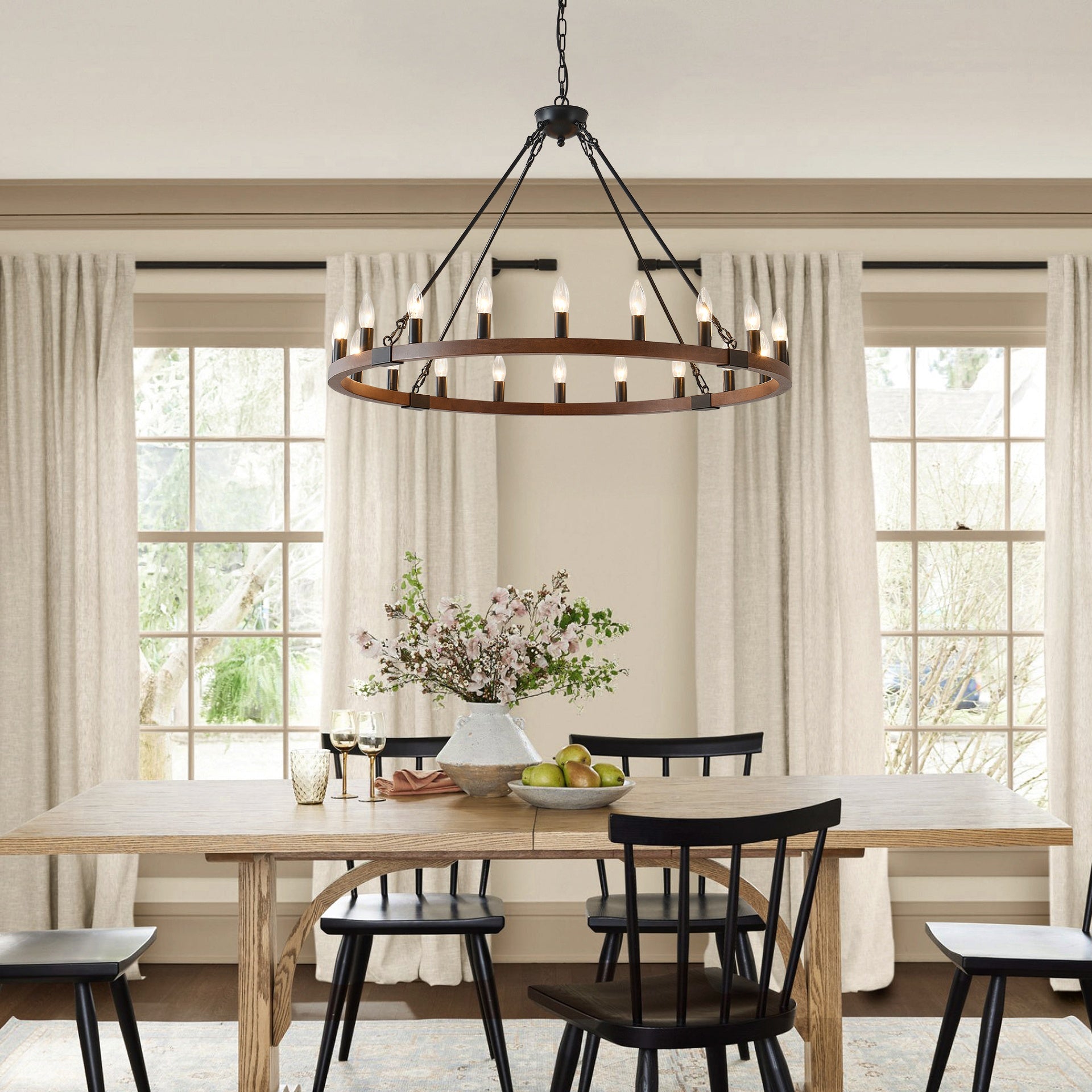 39.3 INCH Wood Wagon Wheel Chandelier Modern Farmhouse  Pendant Light 20-Light Ceiling Hanging Lighting Fixtures for Living Room Dining Room Kitchen Island Foyer--NO INCLUDED BULBS--WOOD + Matte Black