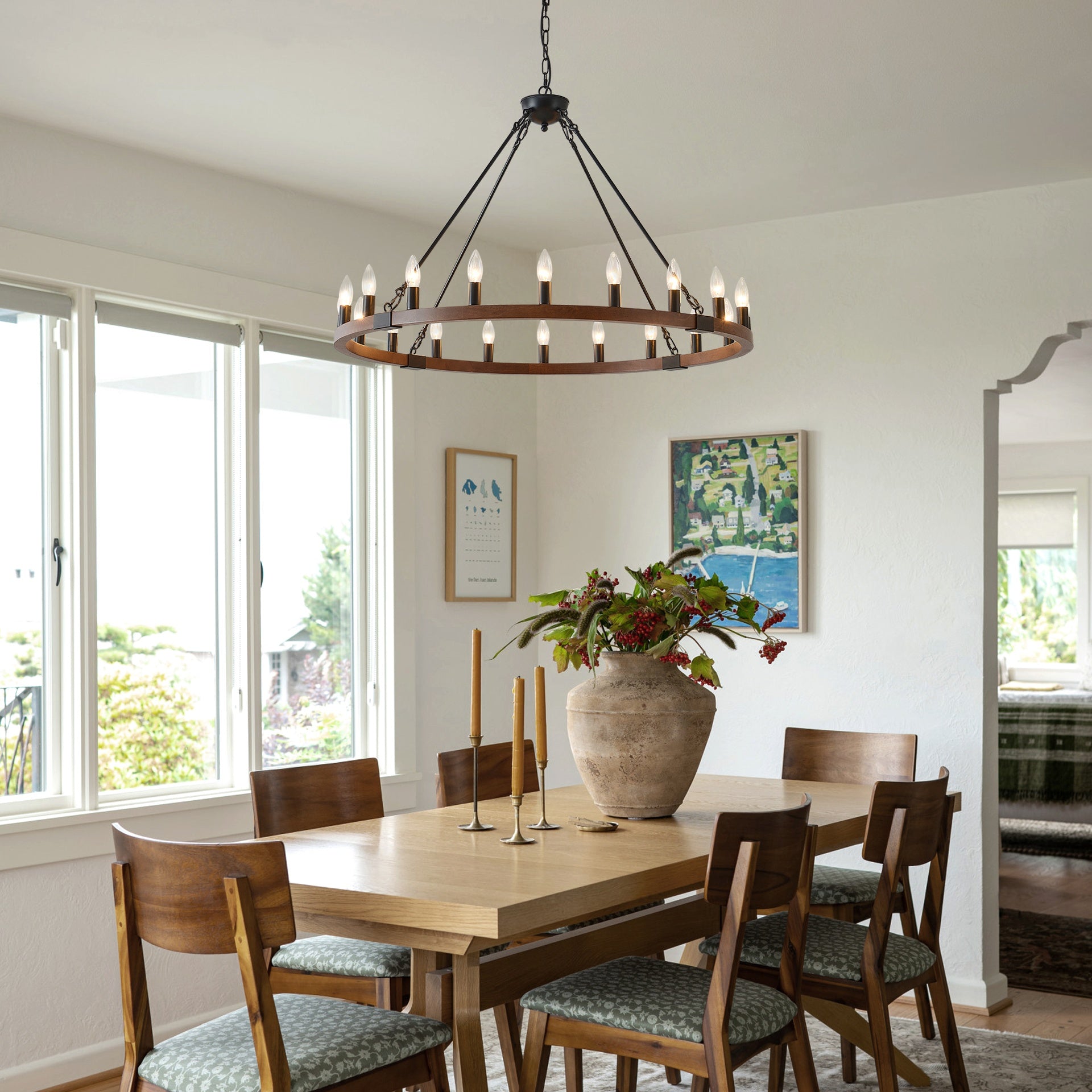 39.3 INCH Wood Wagon Wheel Chandelier Modern Farmhouse  Pendant Light 20-Light Ceiling Hanging Lighting Fixtures for Living Room Dining Room Kitchen Island Foyer--NO INCLUDED BULBS--WOOD + Matte Black