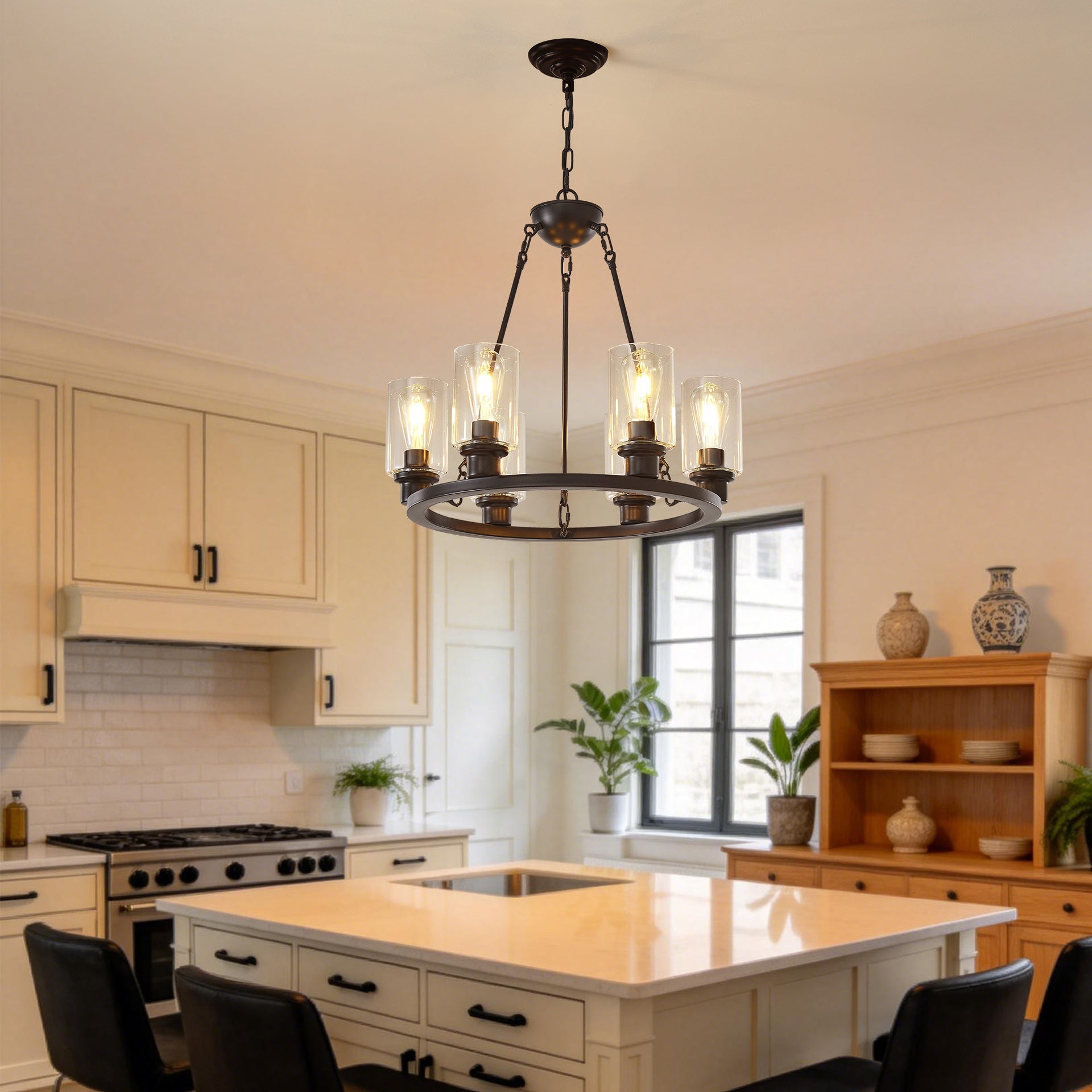 23.62'' Modern 6-Light Black Wagon Wheel Chandelier With Light(No Bulbs) For Bedroom Bathroom,Living Room--E26--Coffee Brown