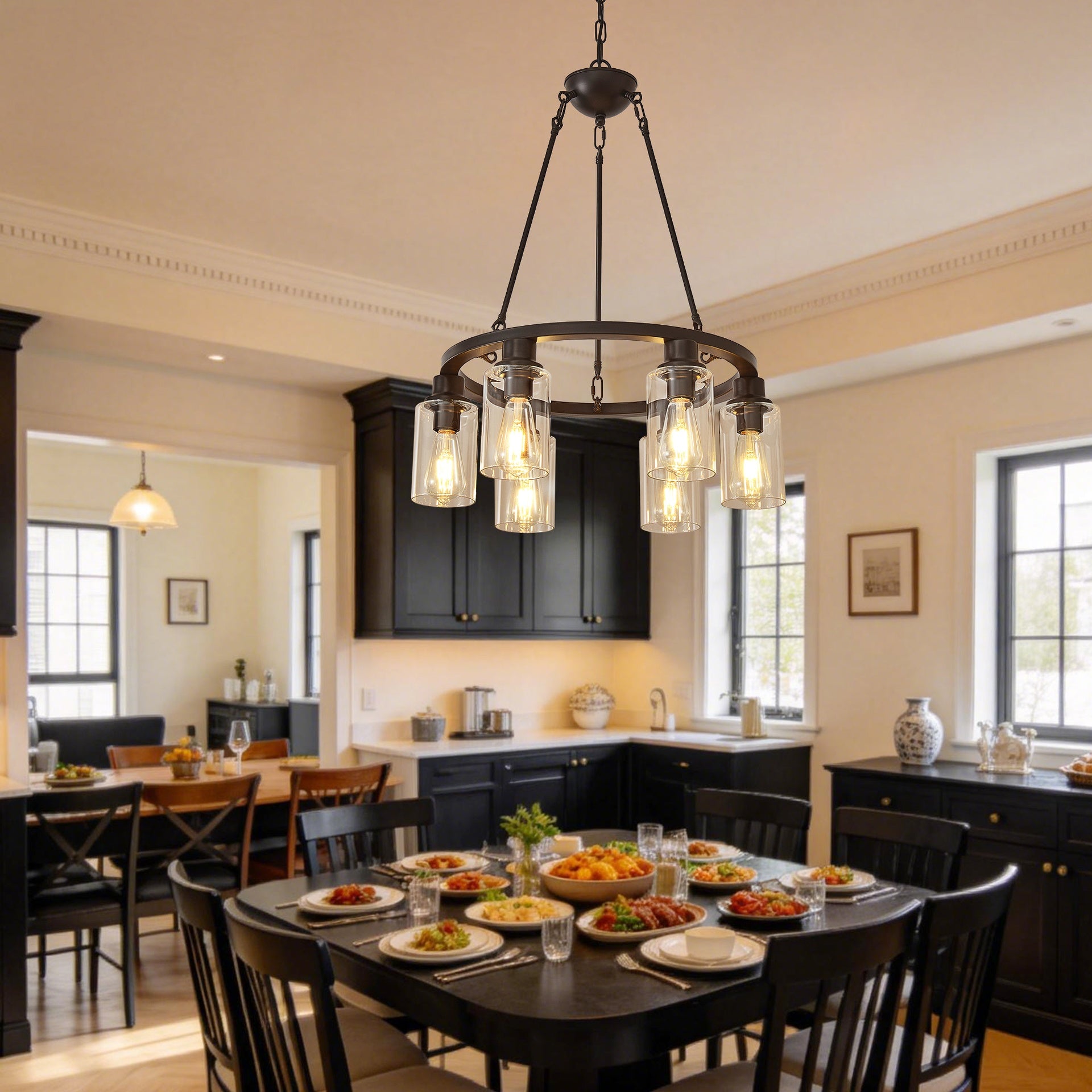 23.62'' Modern 6-Light Black Wagon Wheel Chandelier With Light(No Bulbs) For Bedroom Bathroom,Living Room--E26--Coffee Brown