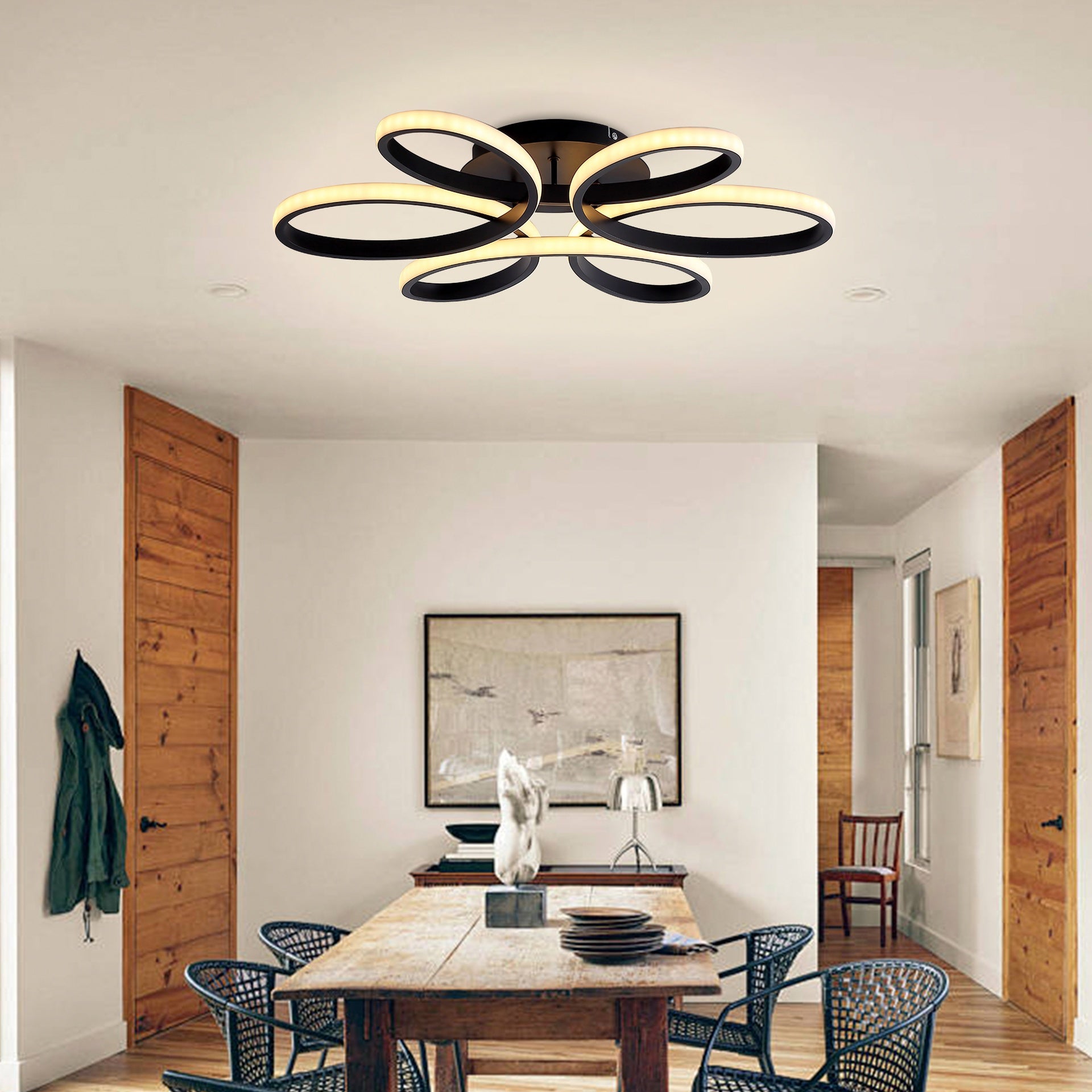 23 inch Modern LED Ceiling Light, 6 Rings Flower Flush Mount Light Fixture with Remote Control Black Dimmable Ceiling Lamp for Living Room, Bedroom, Dining Room, Hallway, Kitchen