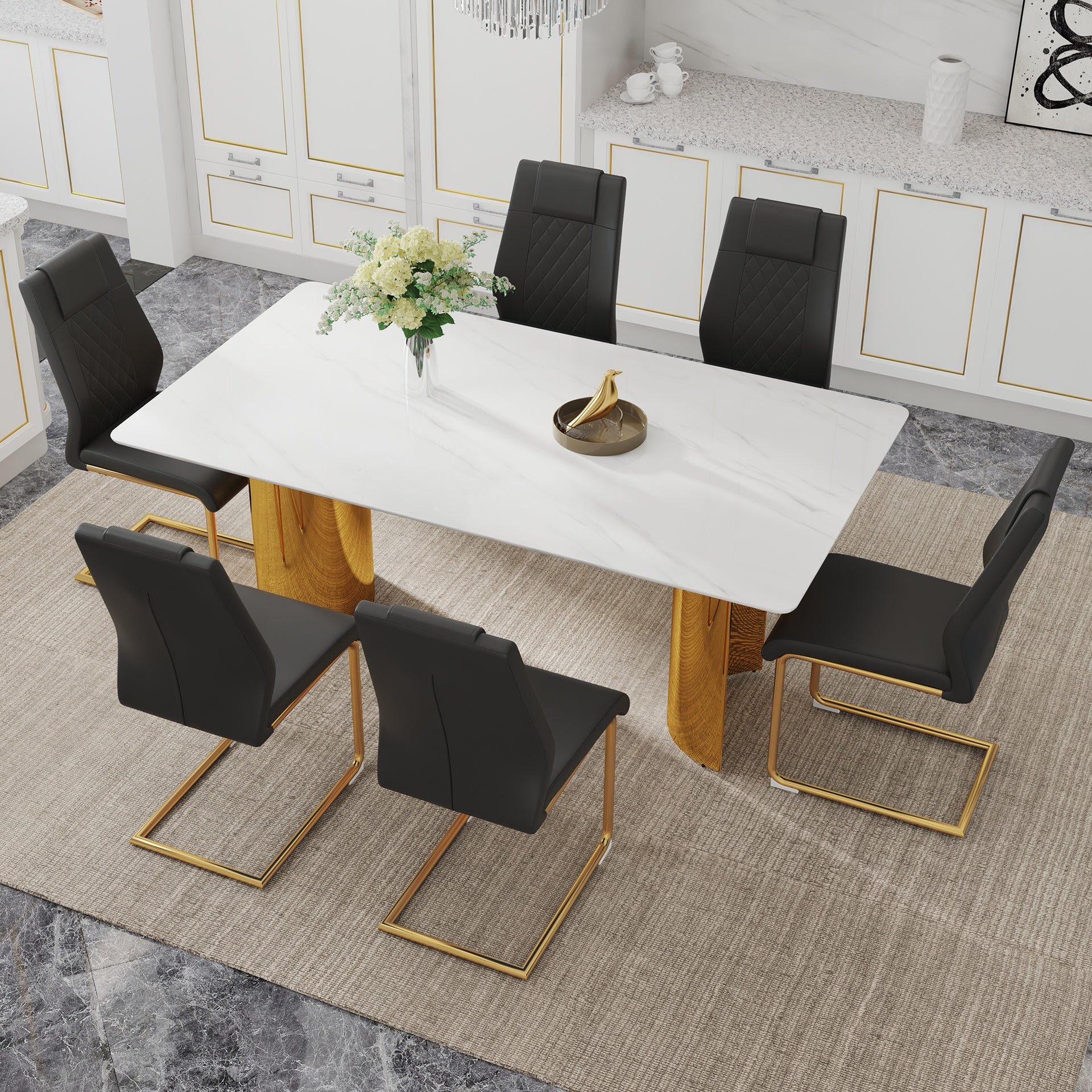 Table and chair set.The table has a glass tabletop with imitation marble pattern sticker and stainless steel golden table legs.Paried with 6 comfortable chairs with PU seats and metal legs.W1151S01526