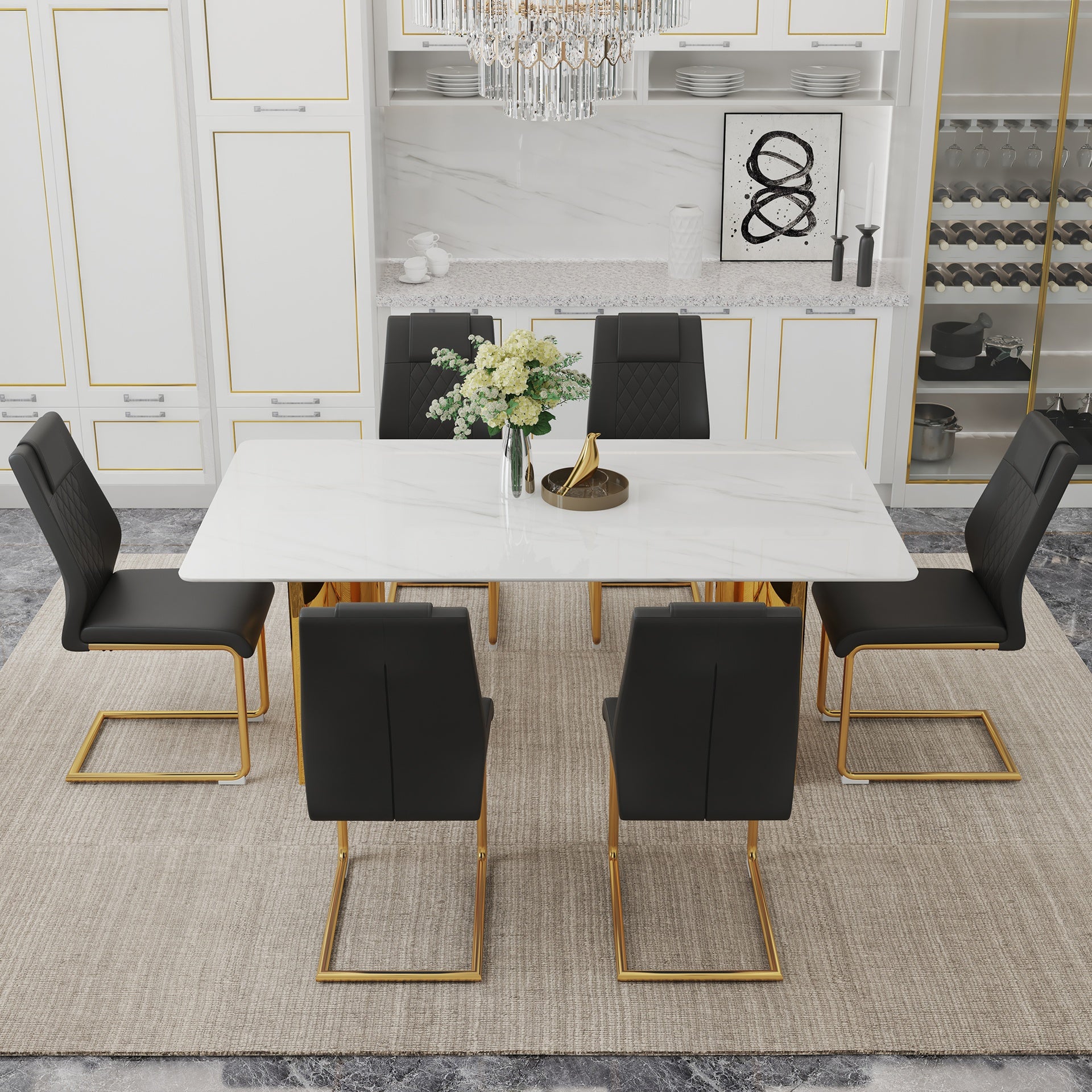 Table and chair set.The table has a glass tabletop with imitation marble pattern sticker and stainless steel golden table legs.Paried with 6 comfortable chairs with PU seats and metal legs.W1151S01526