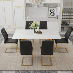 Table and chair set.The table has a glass tabletop with imitation marble pattern sticker and stainless steel golden table legs.Paried with 6 comfortable chairs with PU seats and metal legs.W1151S01526