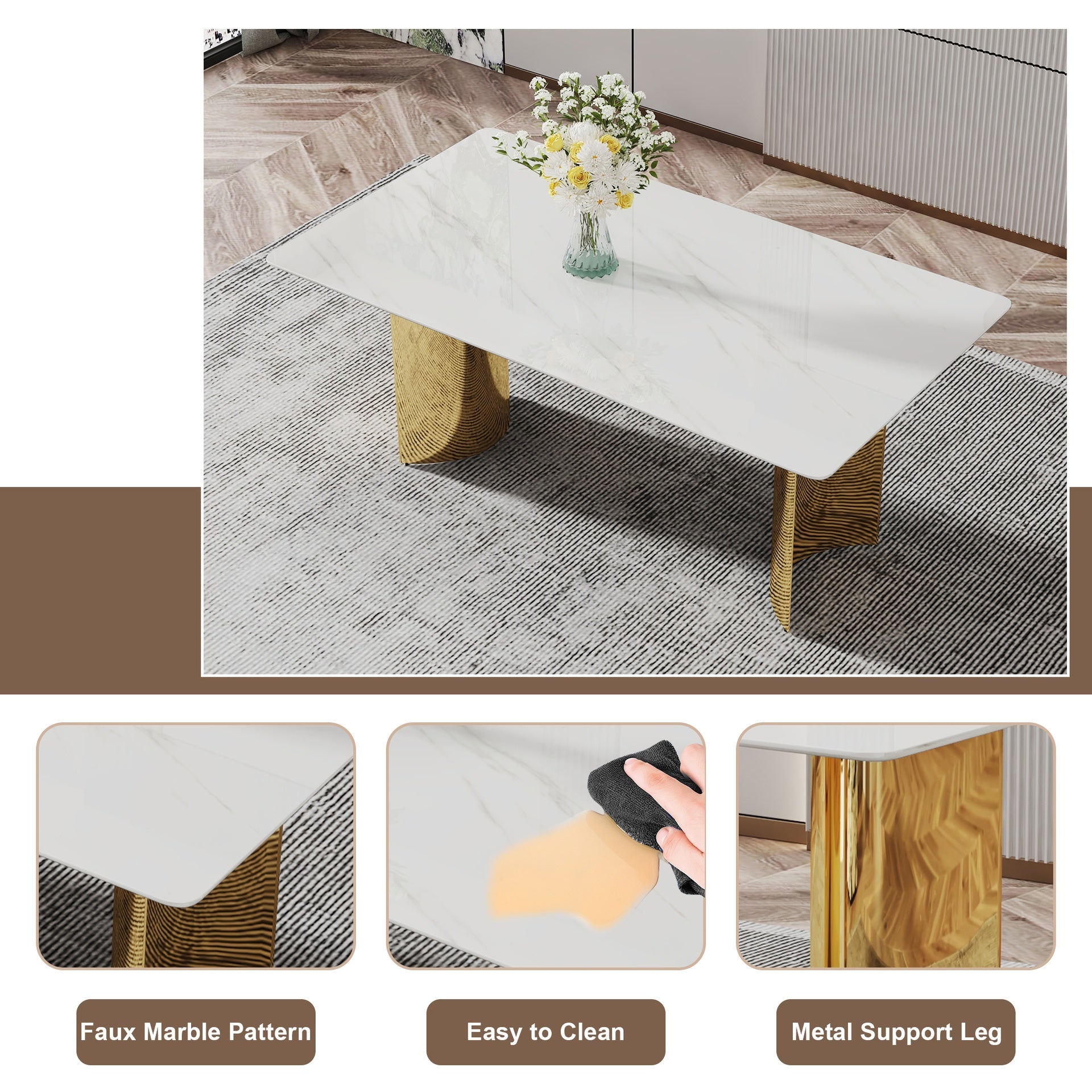 Table and chair set.The table has a glass tabletop with imitation marble pattern sticker and stainless steel golden table legs.Paried with 6 comfortable chairs with PU seats and metal legs.W1151S01526