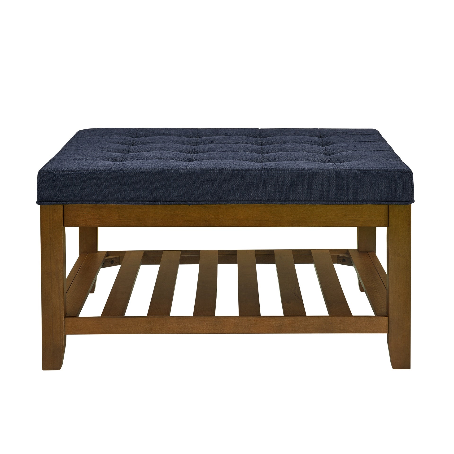 Upholstered Coffee Table Tufted Linen Large Square Ottoman with Beech Wood Shelf and Frame, Oversized Footrest Ottoman for Living Room, Navy Blue