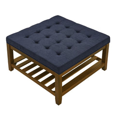 Upholstered Coffee Table Tufted Linen Large Square Ottoman with Beech Wood Shelf and Frame, Oversized Footrest Ottoman for Living Room, Navy Blue