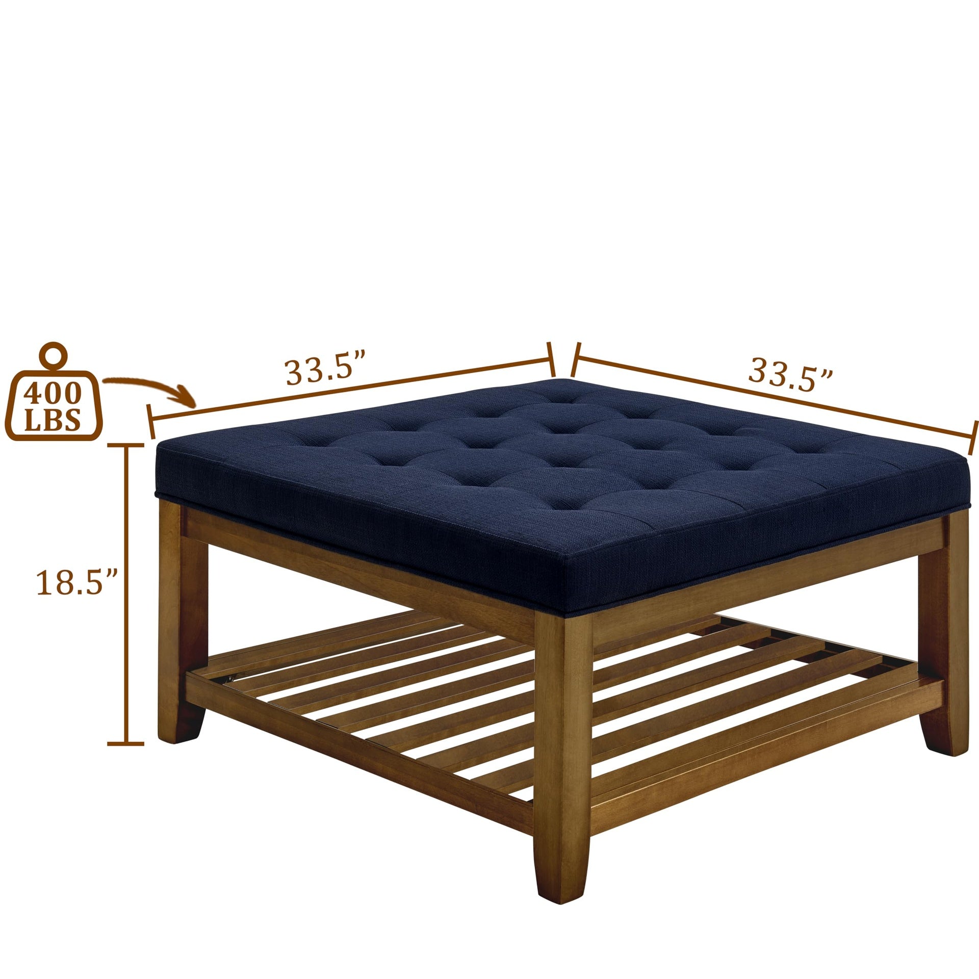 Upholstered Coffee Table Tufted Linen Large Square Ottoman with Beech Wood Shelf and Frame, Oversized Footrest Ottoman for Living Room, Navy Blue
