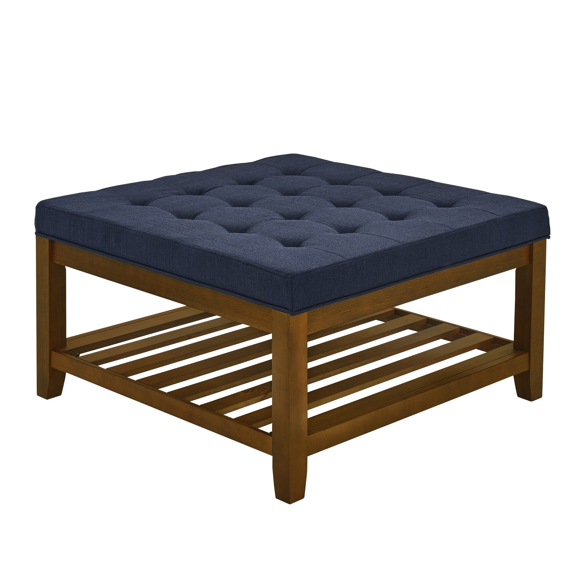 Upholstered Coffee Table Tufted Linen Large Square Ottoman with Beech Wood Shelf and Frame, Oversized Footrest Ottoman for Living Room, Navy Blue