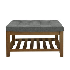 Upholstered Coffee Table Tufted Linen Large Square Ottoman with Beech Wood Shelf and Frame, Oversized Footrest Ottoman for Living Room, Dark Gray