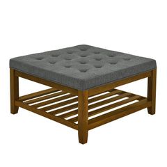 Upholstered Coffee Table Tufted Linen Large Square Ottoman with Beech Wood Shelf and Frame, Oversized Footrest Ottoman for Living Room, Dark Gray