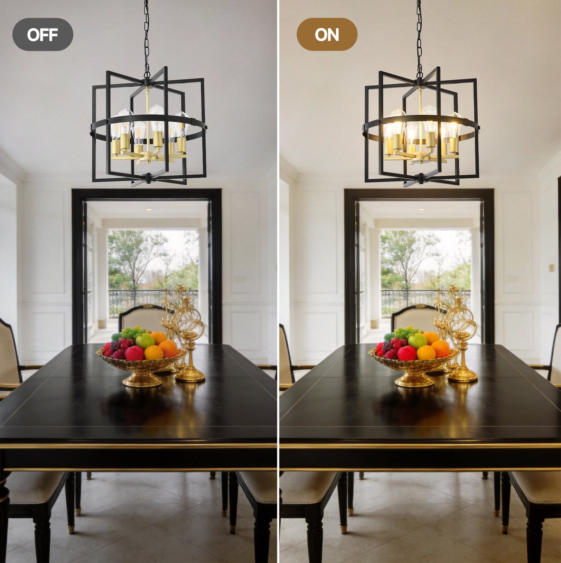 6-Light Metal Lantern Tiered Pendant Hanging Light Fixtures, Industrial Farmhouse Adjustable Height Chandeliers for Dining Room Hallway Foyer Entryway--Matte Black + GOLD (E26 Bulbs Not Included)