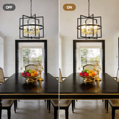 6-Light Metal Lantern Tiered Pendant Hanging Light Fixtures, Industrial Farmhouse Adjustable Height Chandeliers for Dining Room Hallway Foyer Entryway--Matte Black + GOLD (E26 Bulbs Not Included)
