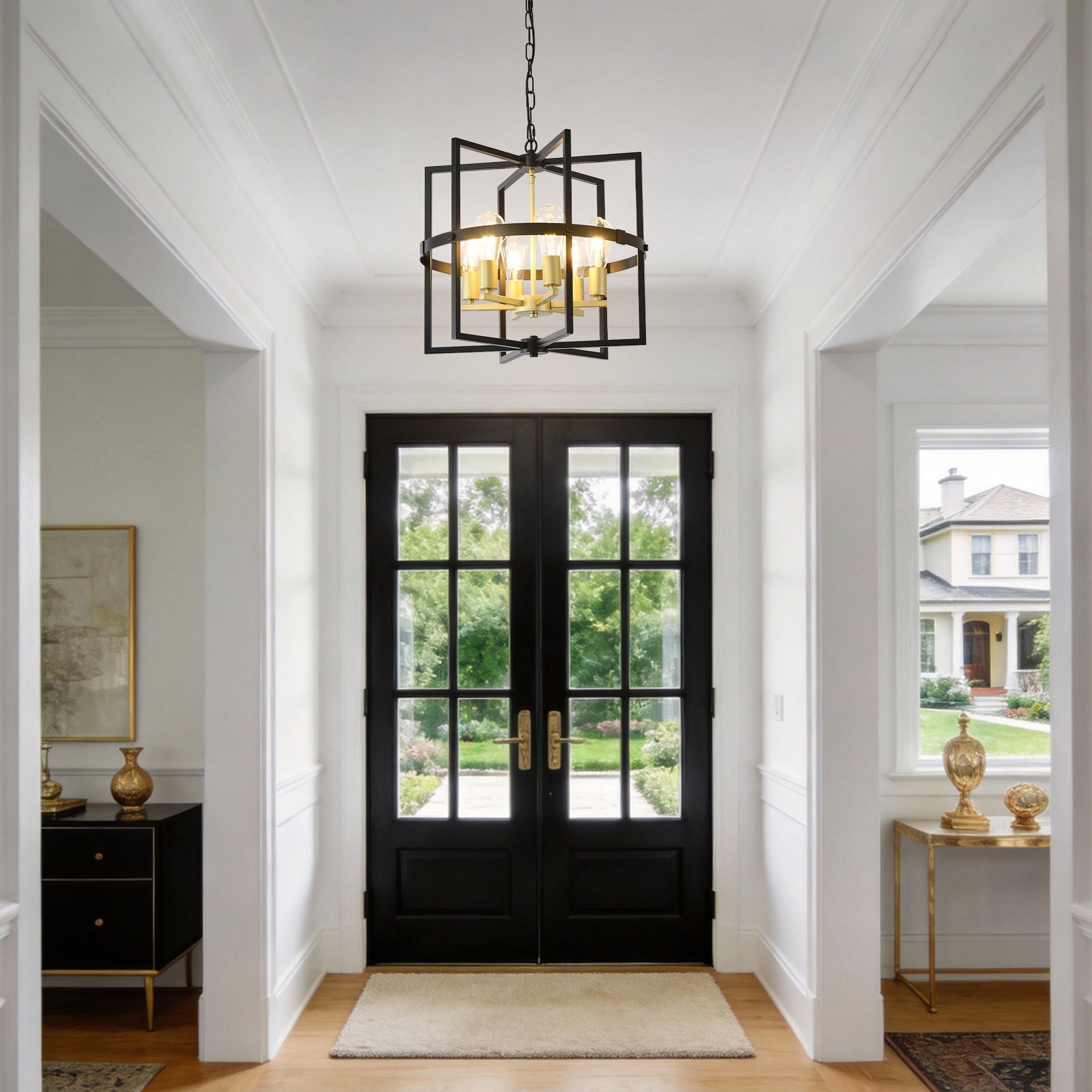 6-Light Metal Lantern Tiered Pendant Hanging Light Fixtures, Industrial Farmhouse Adjustable Height Chandeliers for Dining Room Hallway Foyer Entryway--Matte Black + GOLD (E26 Bulbs Not Included)