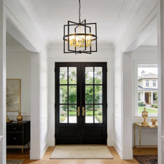 6-Light Metal Lantern Tiered Pendant Hanging Light Fixtures, Industrial Farmhouse Adjustable Height Chandeliers for Dining Room Hallway Foyer Entryway--Matte Black + GOLD (E26 Bulbs Not Included)