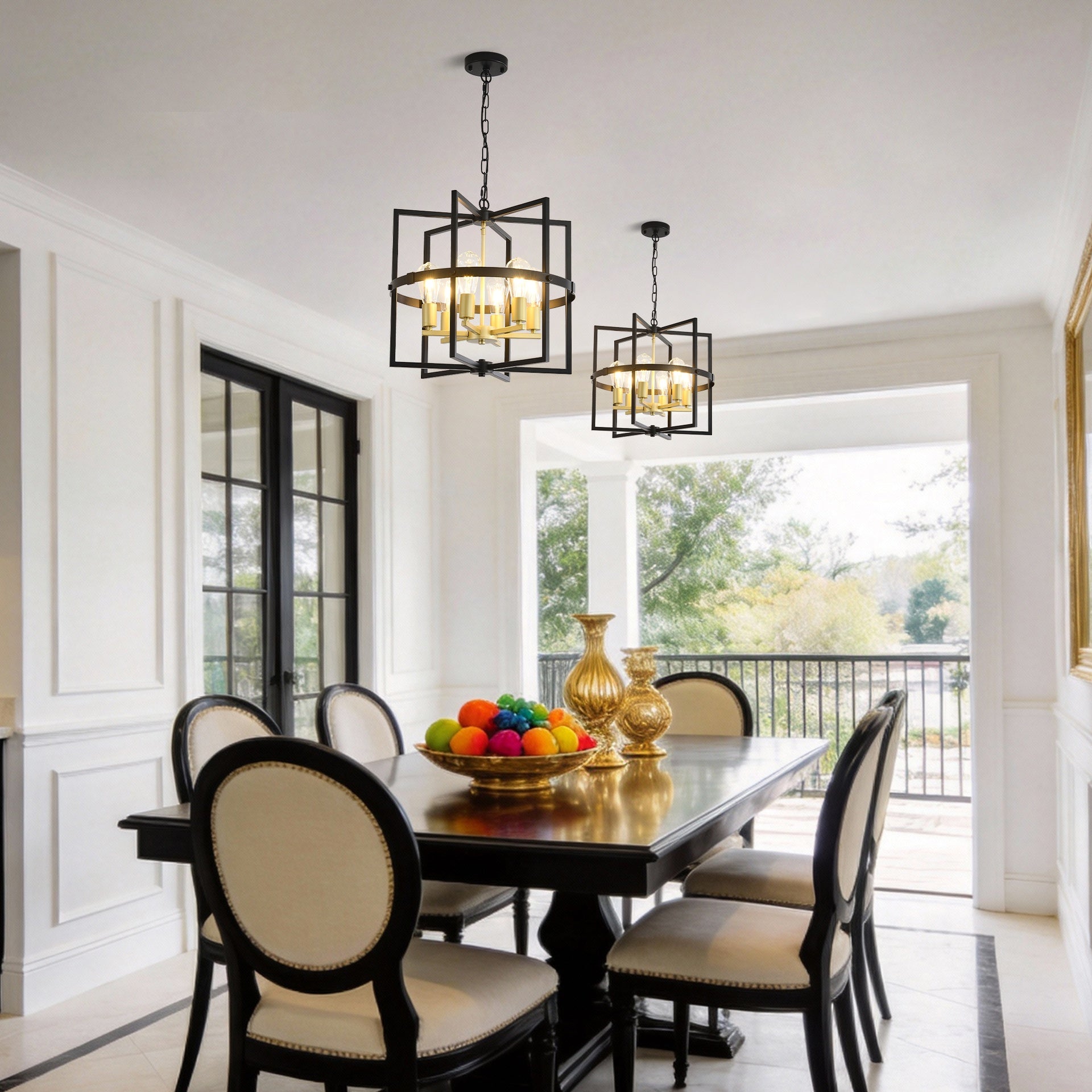 6-Light Metal Lantern Tiered Pendant Hanging Light Fixtures, Industrial Farmhouse Adjustable Height Chandeliers for Dining Room Hallway Foyer Entryway--Matte Black + GOLD (E26 Bulbs Not Included)