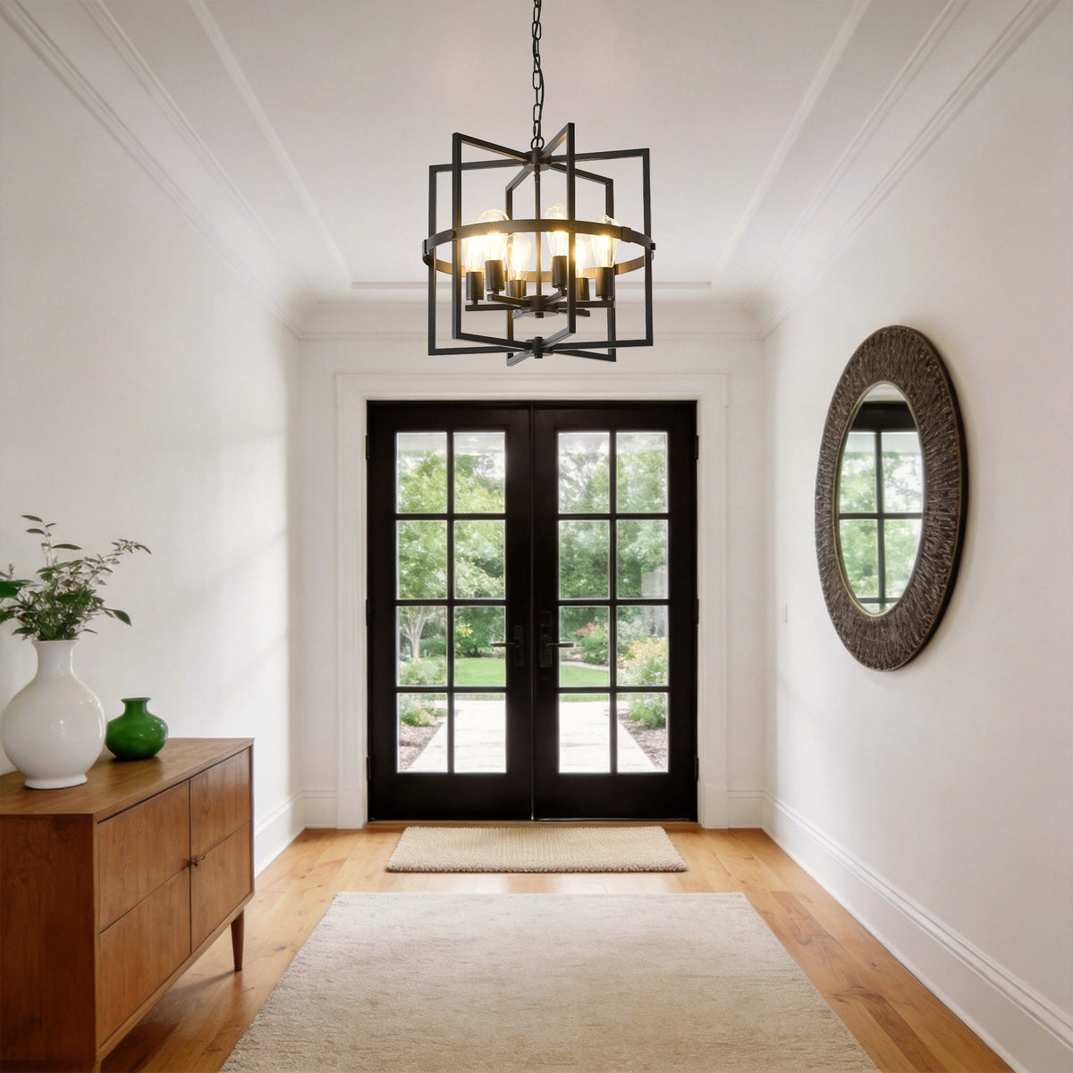 6-Light Metal Lantern Tiered Pendant Hanging Light Fixtures, Industrial Farmhouse Adjustable Height Chandeliers for Dining Room Hallway Foyer Entryway--Matte Black (E26 Bulbs Not Included)