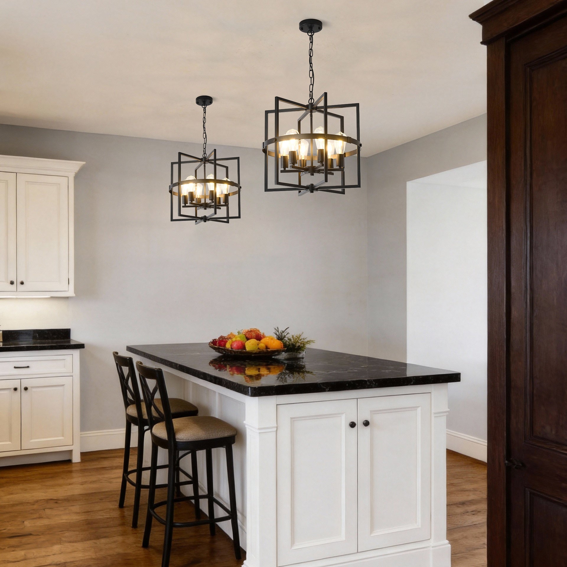 6-Light Metal Lantern Tiered Pendant Hanging Light Fixtures, Industrial Farmhouse Adjustable Height Chandeliers for Dining Room Hallway Foyer Entryway--Matte Black (E26 Bulbs Not Included)
