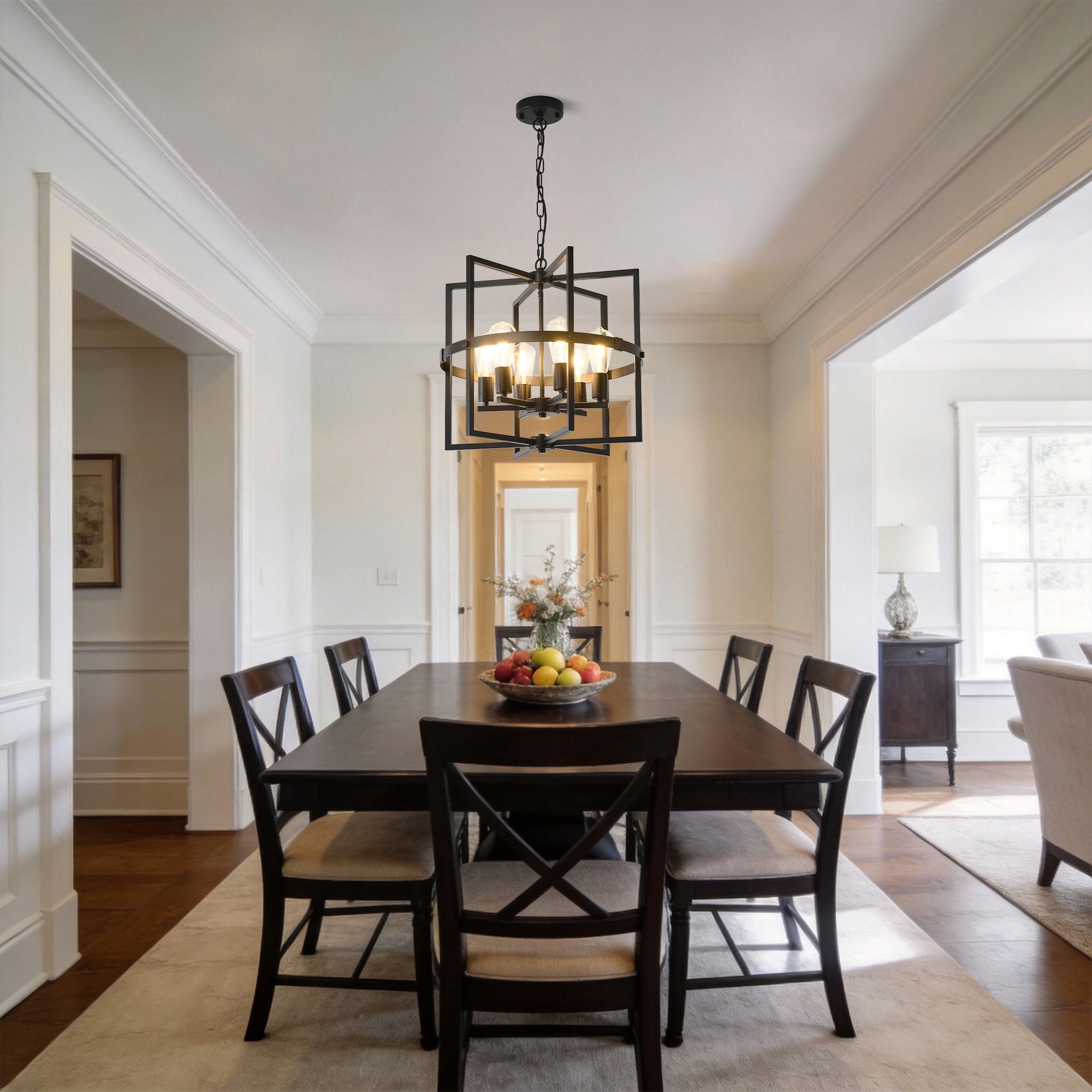 6-Light Metal Lantern Tiered Pendant Hanging Light Fixtures, Industrial Farmhouse Adjustable Height Chandeliers for Dining Room Hallway Foyer Entryway--Matte Black (E26 Bulbs Not Included)