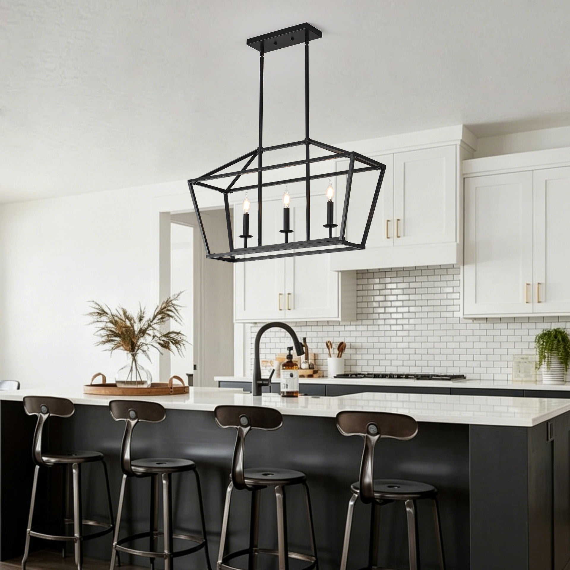 3-Light Farmhouse Kitchen Island Lighting,5 Light Industrial Linear Chandelier for Dining Room Metal Matte Black Finish Hanging Pendant Light Fixture for Bedroom Living Room Hallway Conference Room