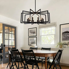 10-Light Metal Lantern Tiered Pendant Hanging Light Fixtures, Industrial Farmhouse Adjustable Height Chandeliers for Dining Room Hallway Foyer Entryway--Matte Black (E26 Bulbs Not Included)