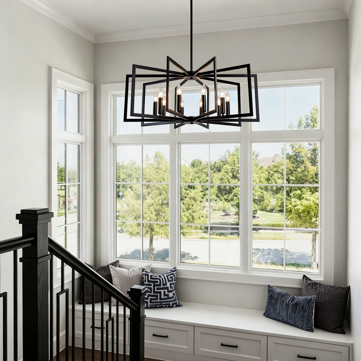 10-Light Metal Lantern Tiered Pendant Hanging Light Fixtures, Industrial Farmhouse Adjustable Height Chandeliers for Dining Room Hallway Foyer Entryway--Matte Black (E26 Bulbs Not Included)