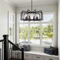 10-Light Metal Lantern Tiered Pendant Hanging Light Fixtures, Industrial Farmhouse Adjustable Height Chandeliers for Dining Room Hallway Foyer Entryway--Matte Black (E26 Bulbs Not Included)