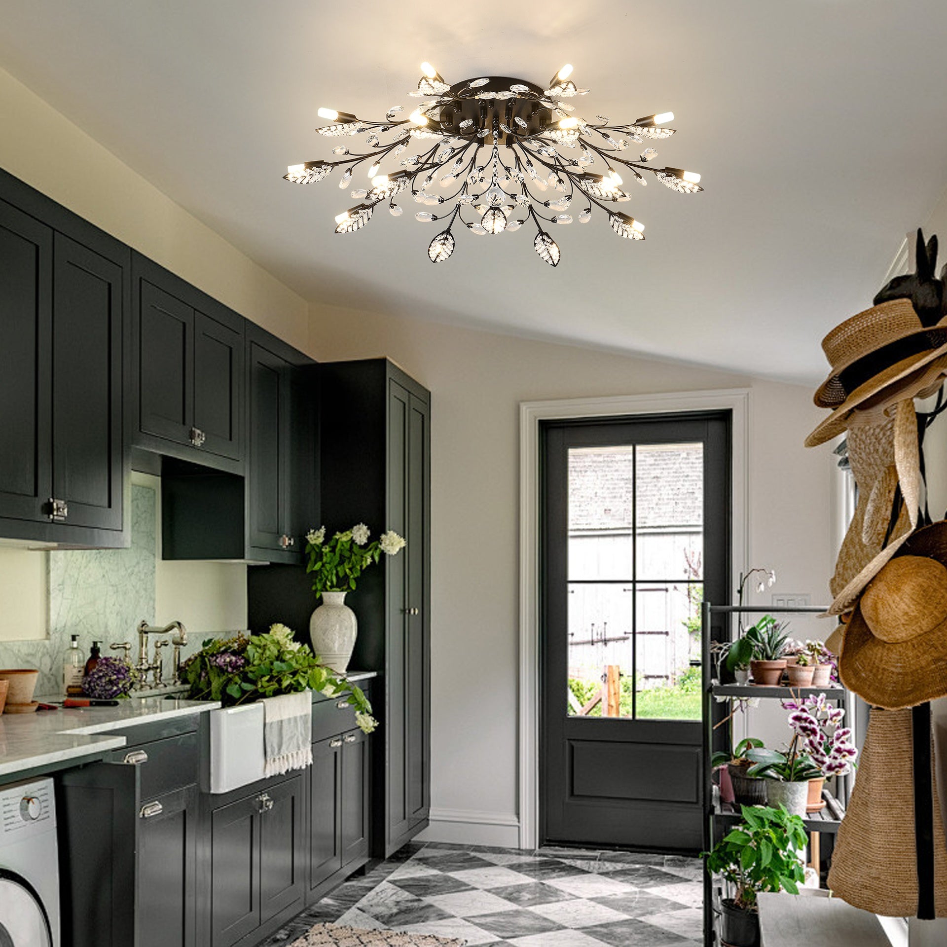 15-Light Chandelier Crystal Ceiling Lamp, 15-Lights Modern Farmhouse Ceiling Ceiling Hanging Light Fixture Over Table, for Dining Room, Kitchen Island--NO INCLUDED BULBS--Matte Black