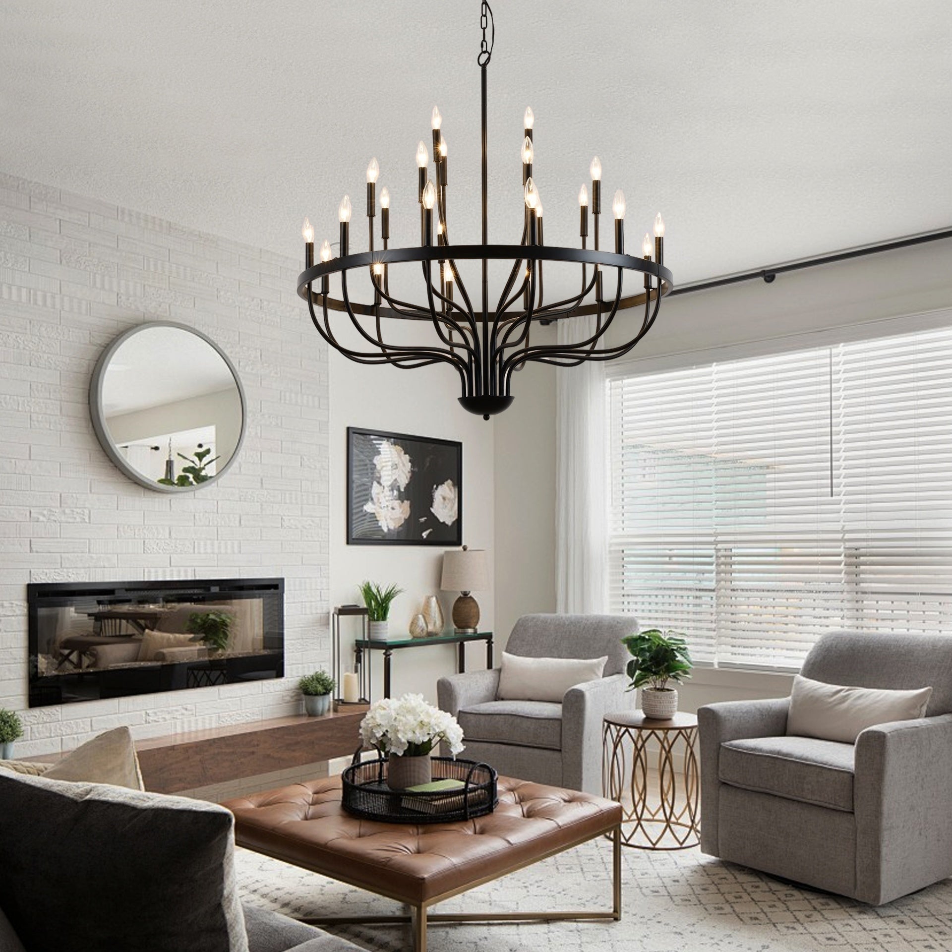 24-Light Black Chandelier Industrial Iron Candle Chandelier Modern Suspended Farmhouse Chandeliers Pendant Light Fixtures for Dining Room Bedroom Living Room Kitchen Island Foyer E12 Bulb (NO Include)