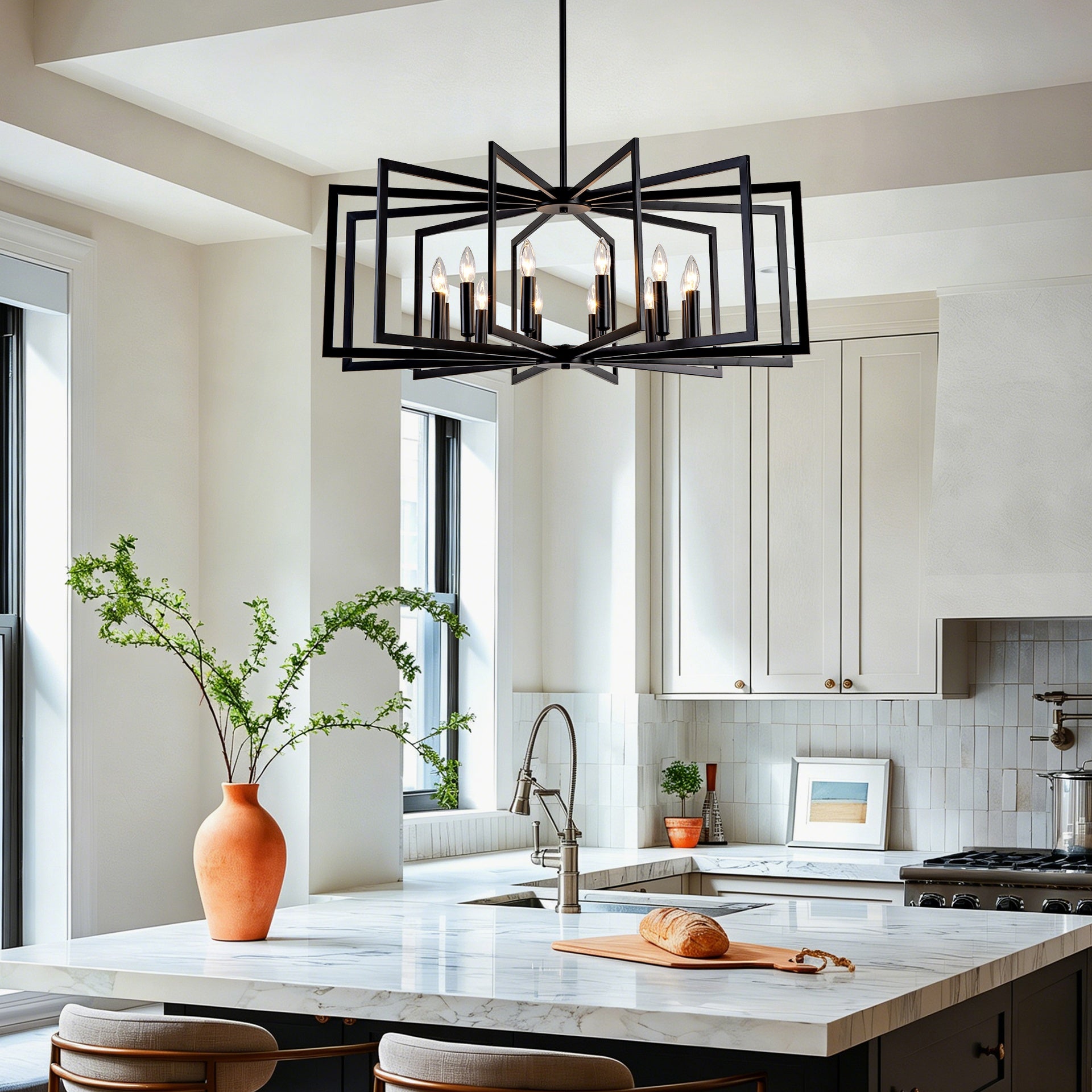 12Light Metal Lantern Tiered Pendant Hanging Light Fixtures, Industrial Farmhouse Adjustable Height Chandeliers for Dining Room Hallway Foyer Entryway--Matte Black (E26 Bulbs Not Included)