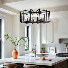 12Light Metal Lantern Tiered Pendant Hanging Light Fixtures, Industrial Farmhouse Adjustable Height Chandeliers for Dining Room Hallway Foyer Entryway--Matte Black (E26 Bulbs Not Included)