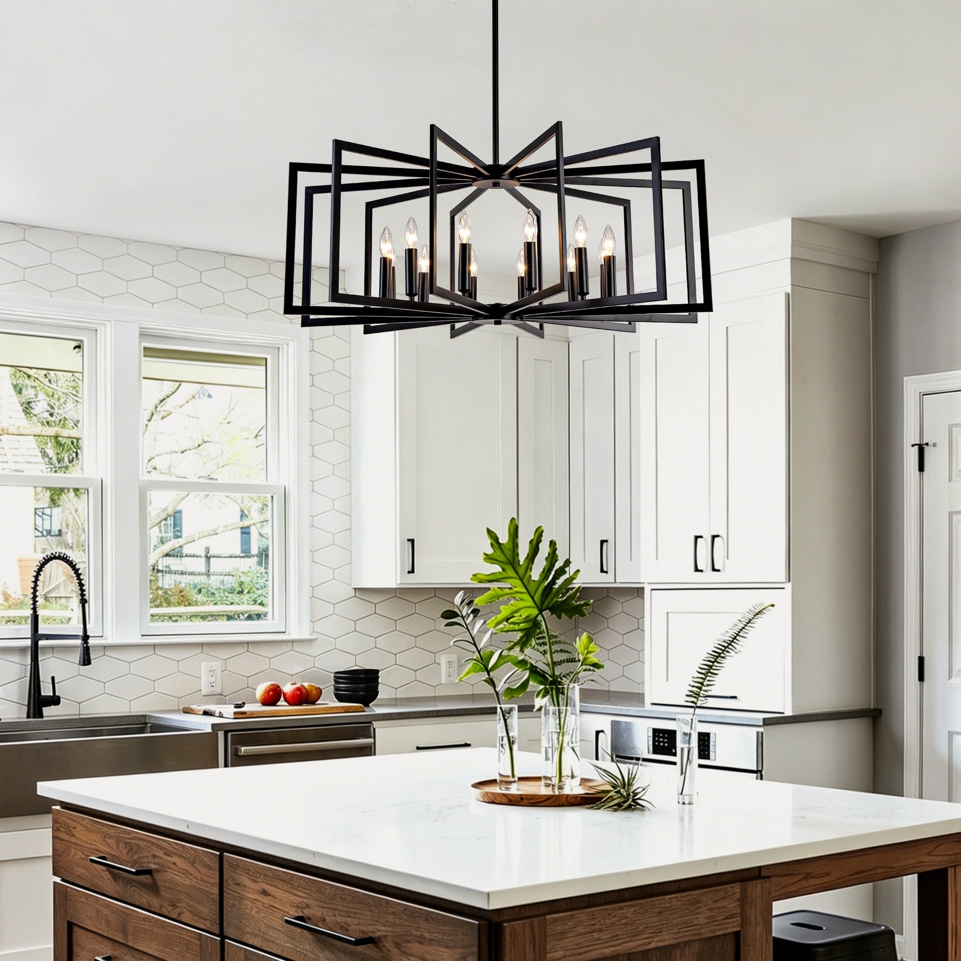 12Light Metal Lantern Tiered Pendant Hanging Light Fixtures, Industrial Farmhouse Adjustable Height Chandeliers for Dining Room Hallway Foyer Entryway--Matte Black (E26 Bulbs Not Included)