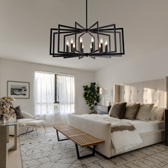 12Light Metal Lantern Tiered Pendant Hanging Light Fixtures, Industrial Farmhouse Adjustable Height Chandeliers for Dining Room Hallway Foyer Entryway--Matte Black (E26 Bulbs Not Included)